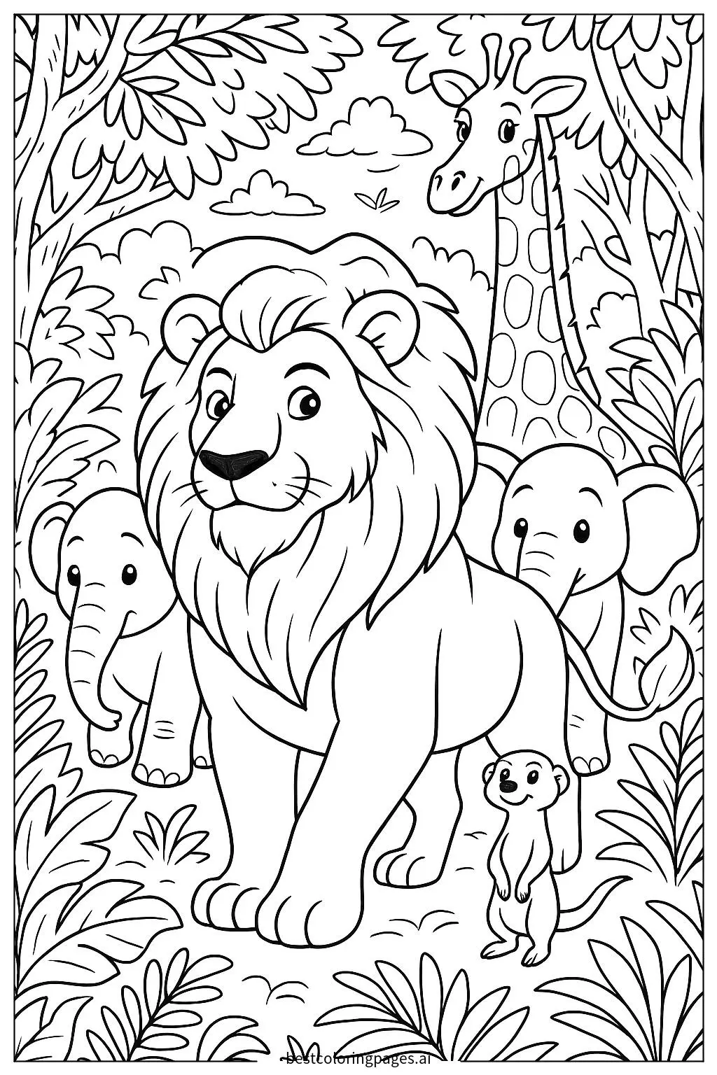 Lion Guiding Friends Through the Jungle