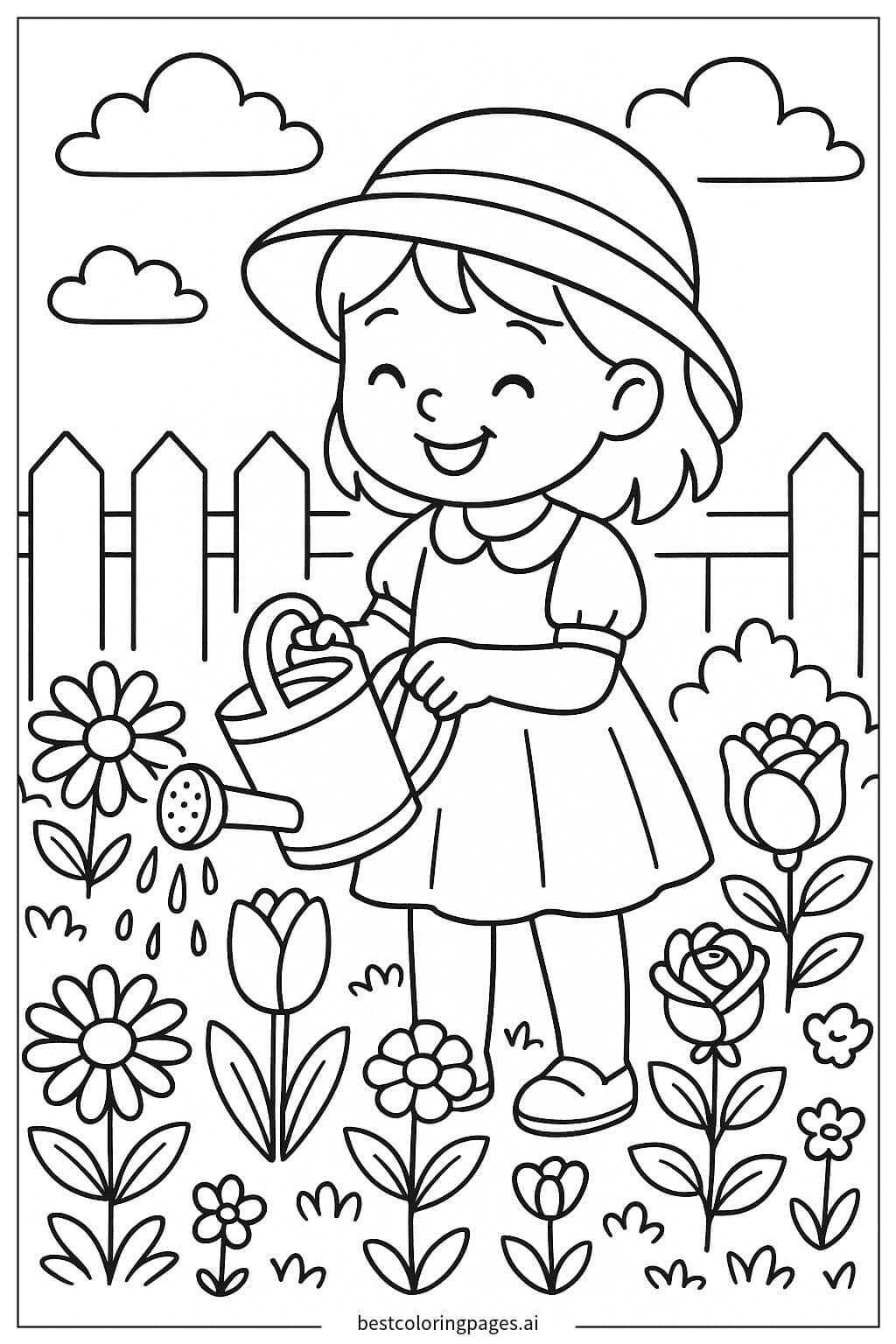 Little Girl Watering Flowers