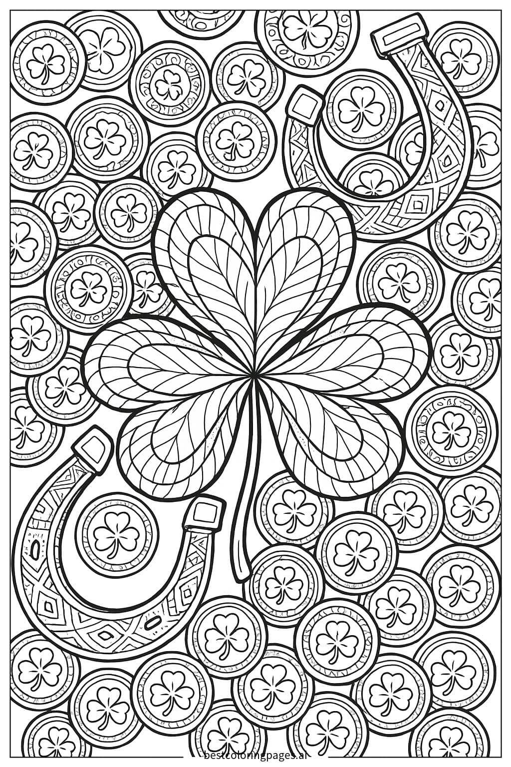 Lucky Shamrock Surrounded by Coins and Horseshoes Coloring Page