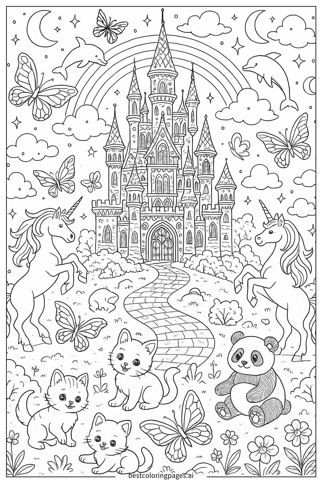 Magical Castle Surrounded by Colorful Creatures Coloring Page