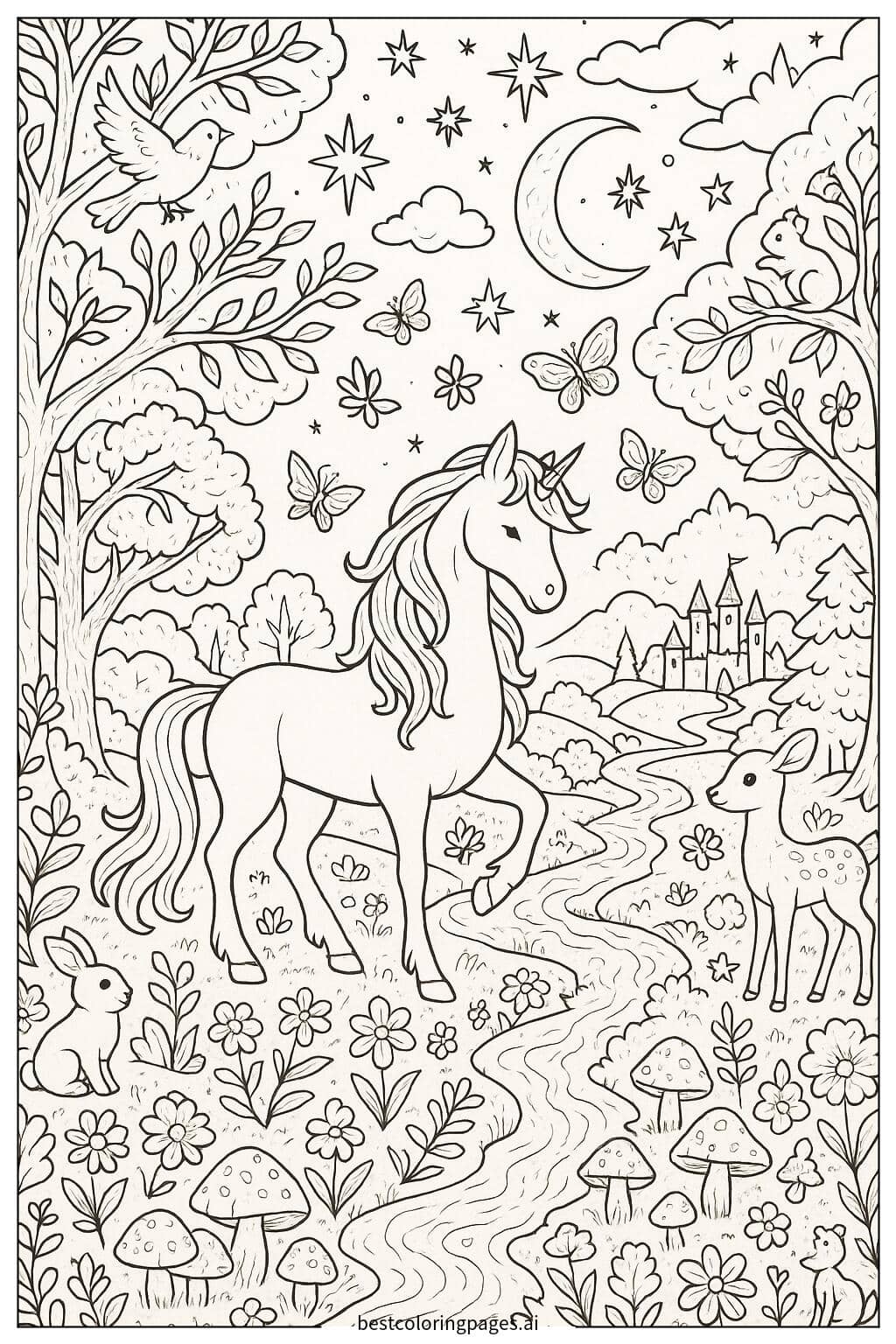 Disegni di Foresta Magica con Unicorni da Colorare