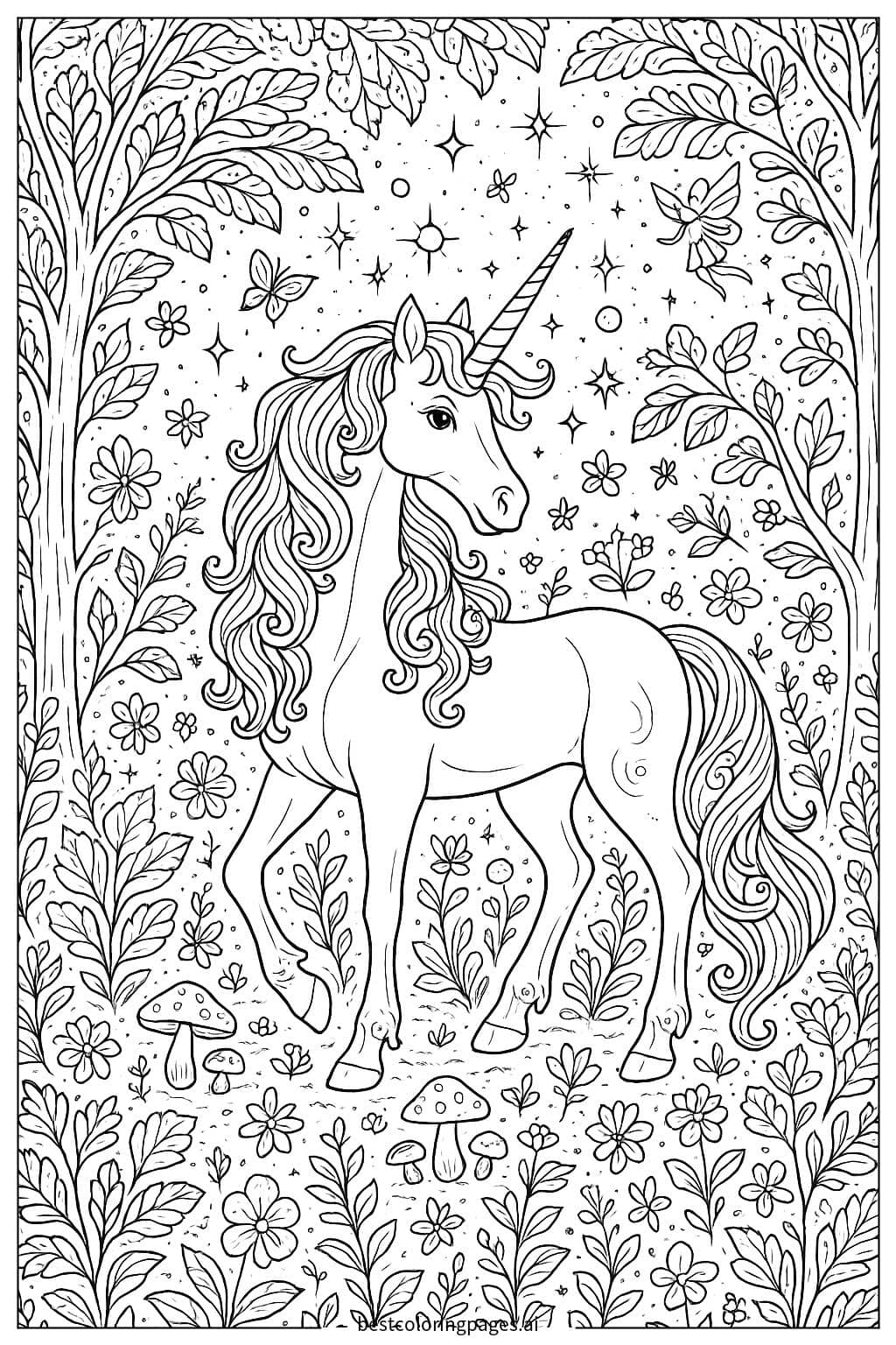 Magical Unicorn in a Sparkling Forest Coloring Page