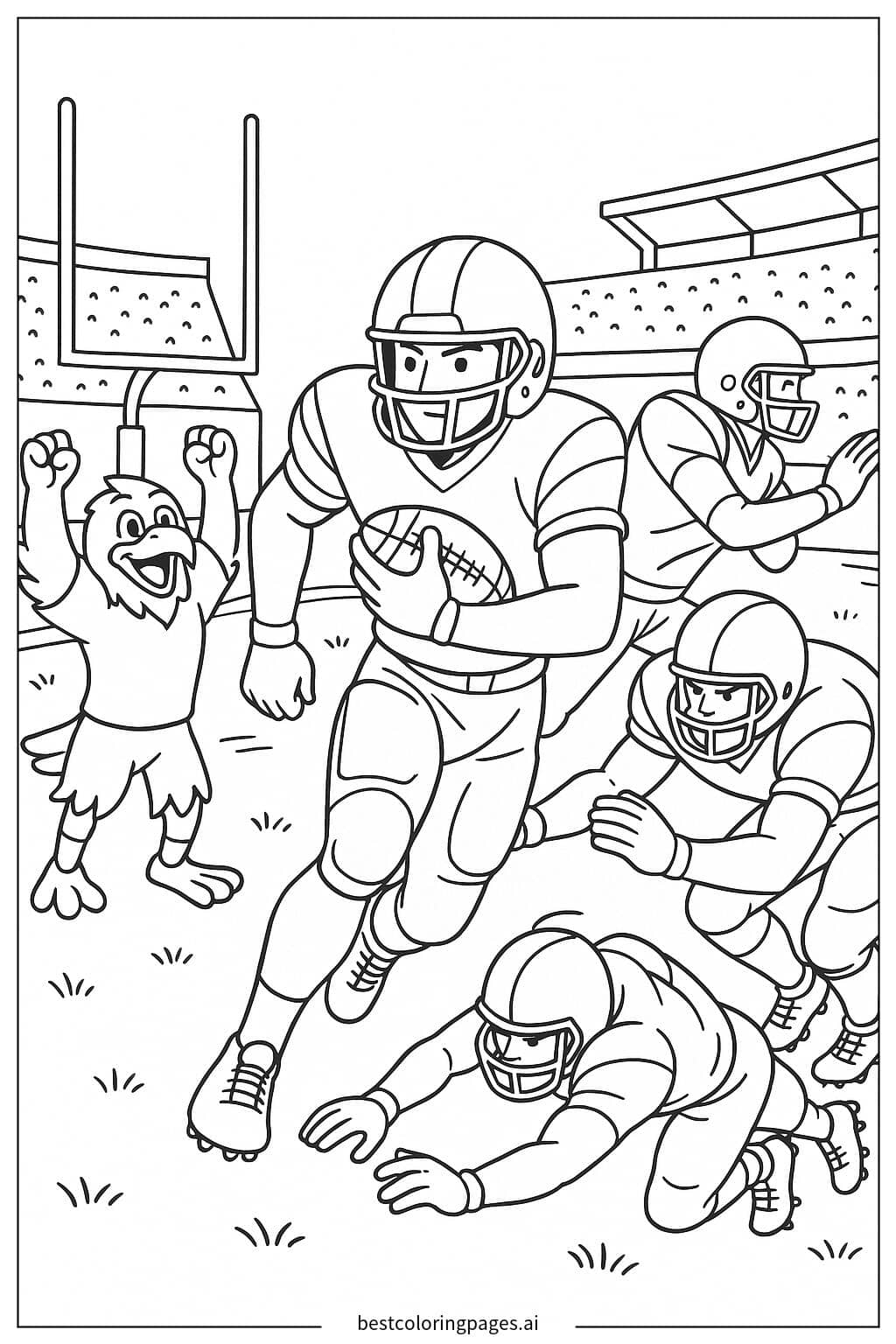 Mascot Cheering with Football Players Coloring Page