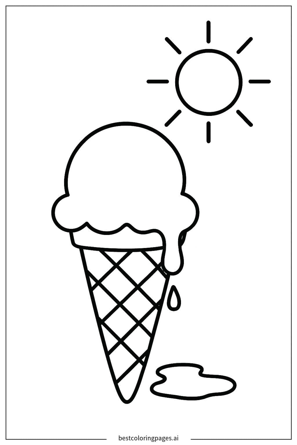 Melting Ice Cream Cone on a Sunny Day Coloring Page