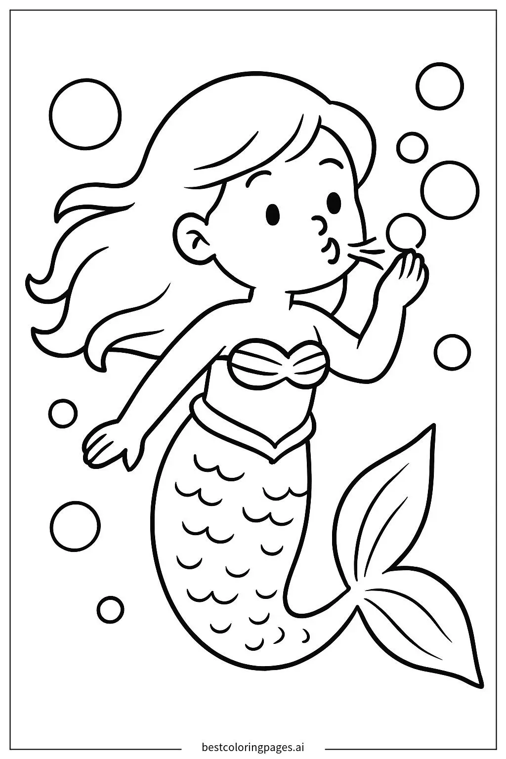 Mermaid Blowing Bubbles Underwater Coloring Page