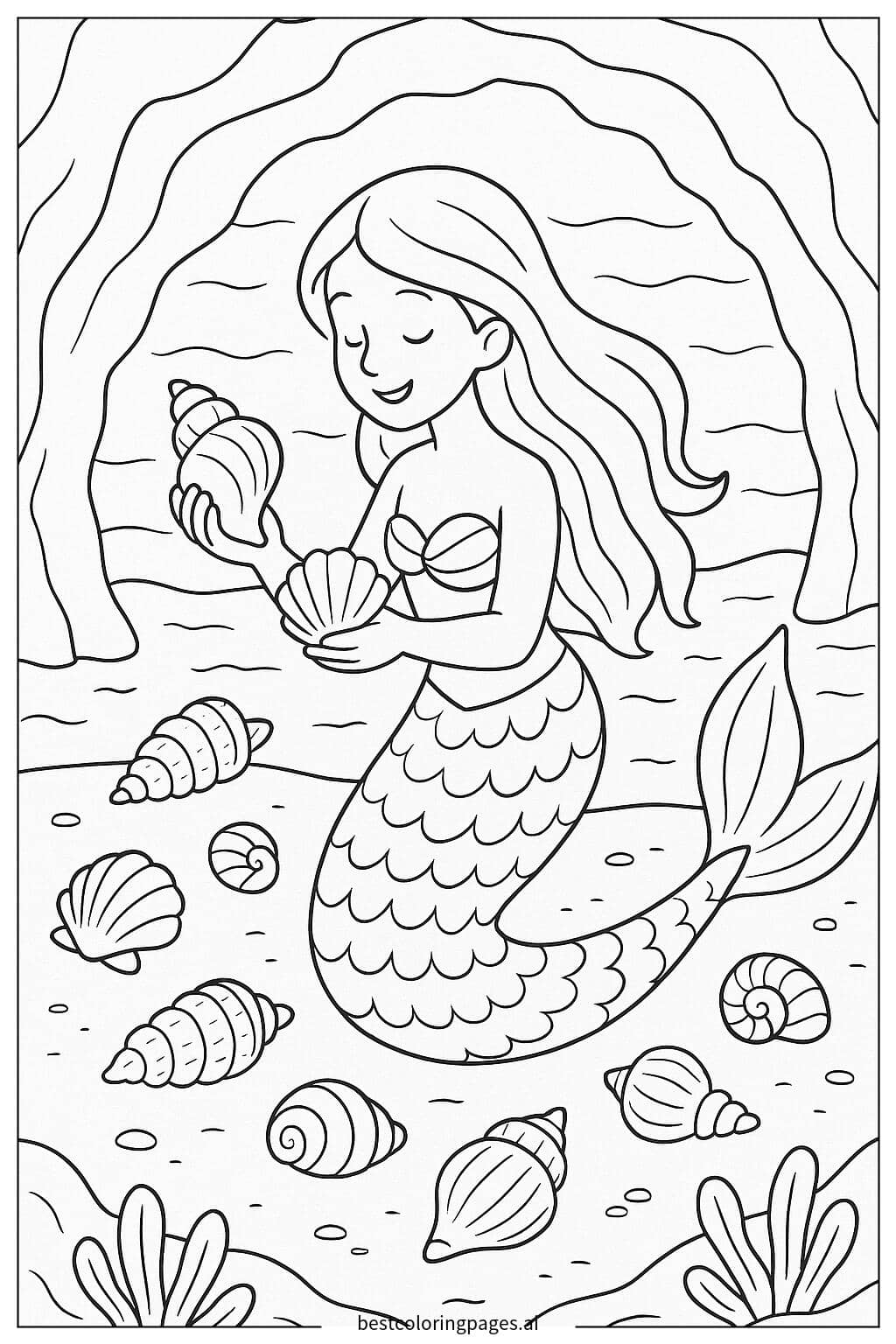 Mermaid Collecting Seashells in an Ocean Cave Coloring Page