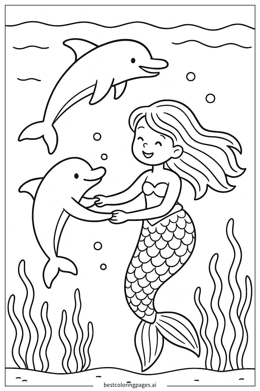 Mermaid Playing with Dolphins Under the Waves