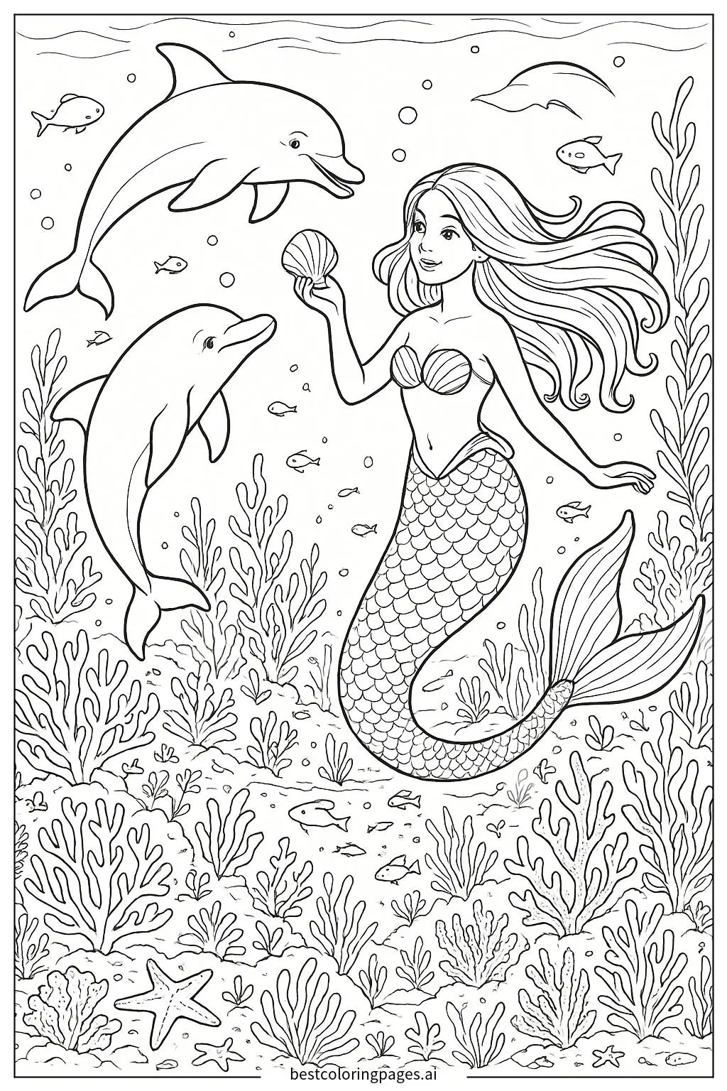Mermaid Swimming with Dolphins in a Coral Reef Coloring Page