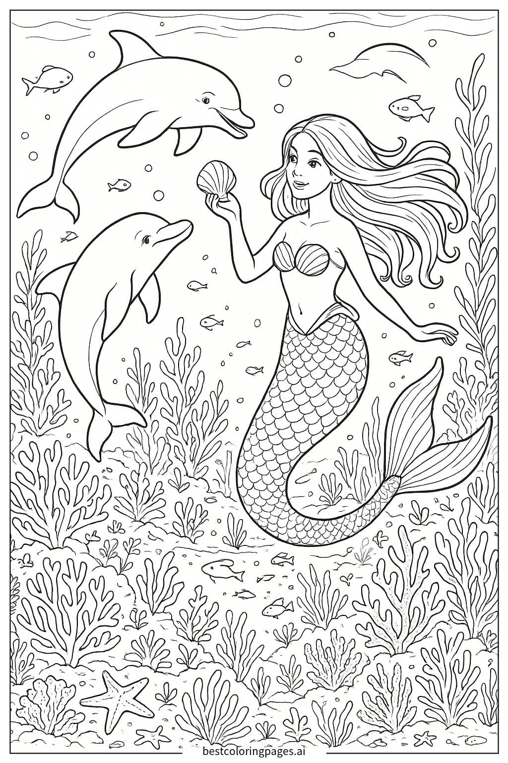 Mermaid Swimming with Dolphins in a Coral Reef