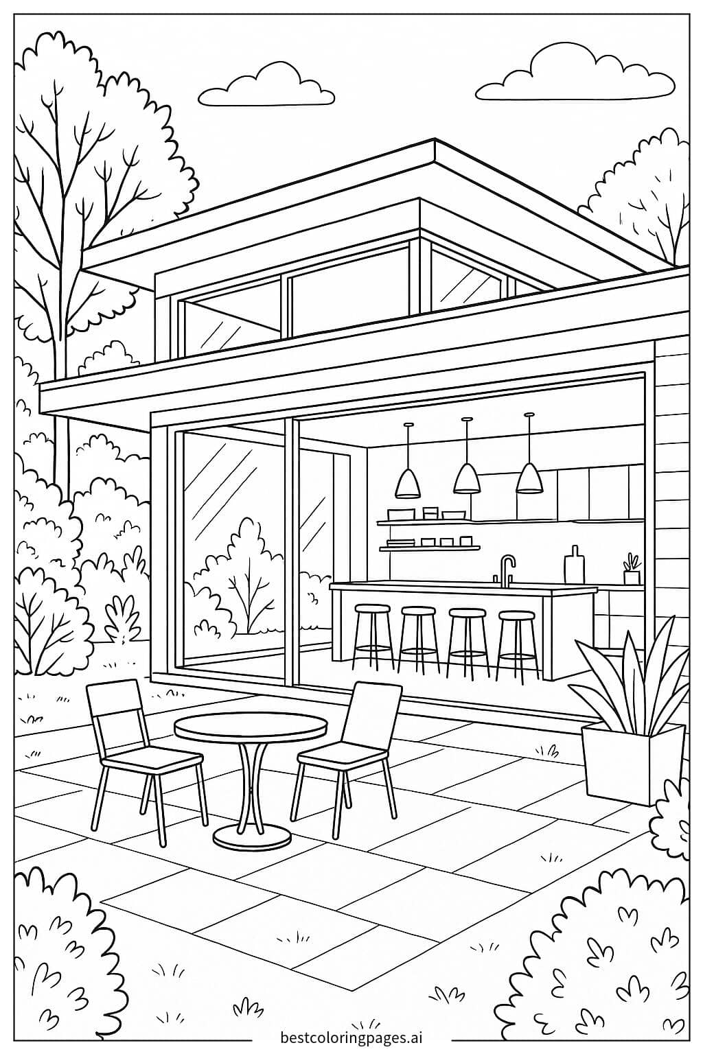 Contemporary Home with Open Kitchen Coloring Page
