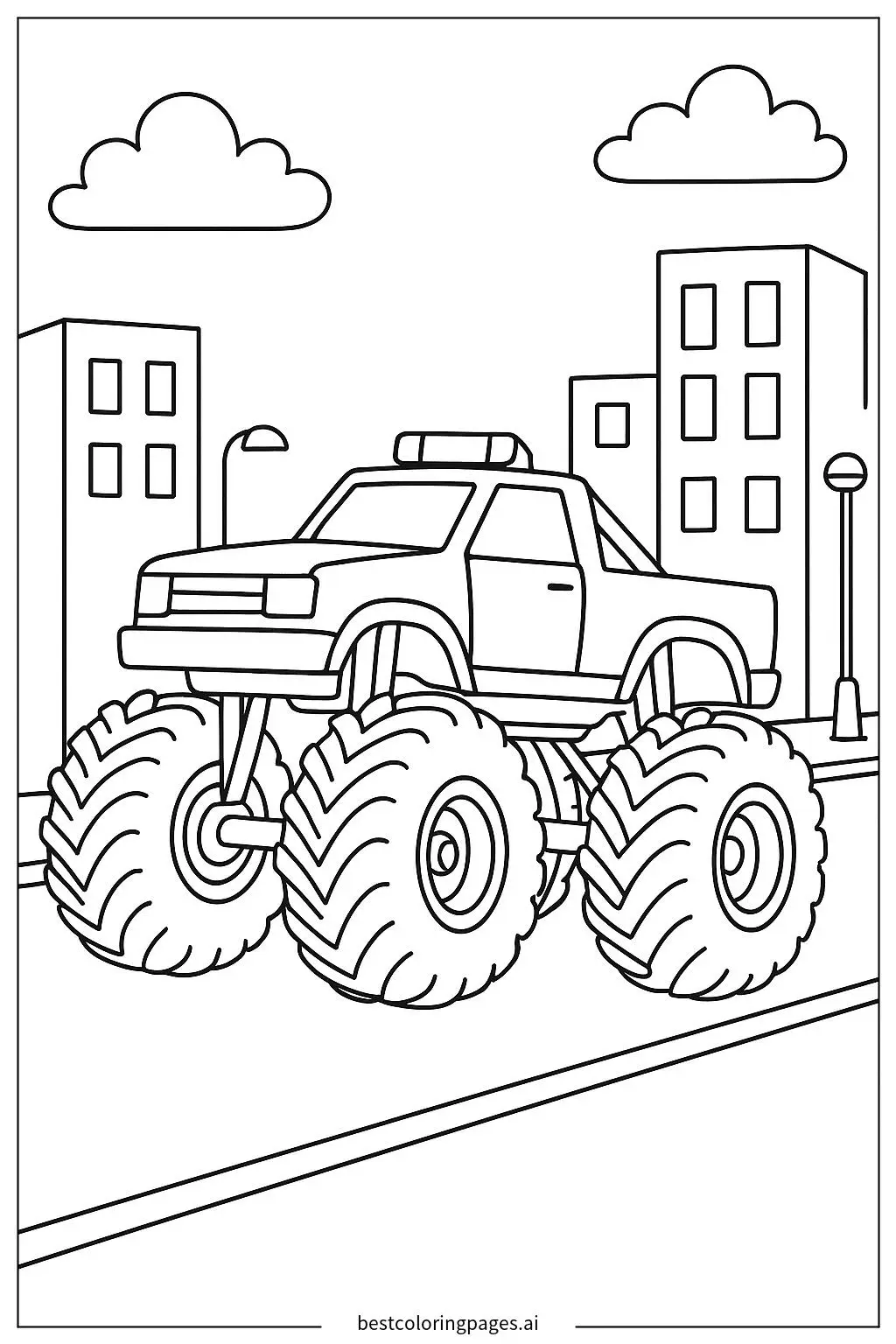 シンプルな街並みを走るモンスタートラック のぬりえ