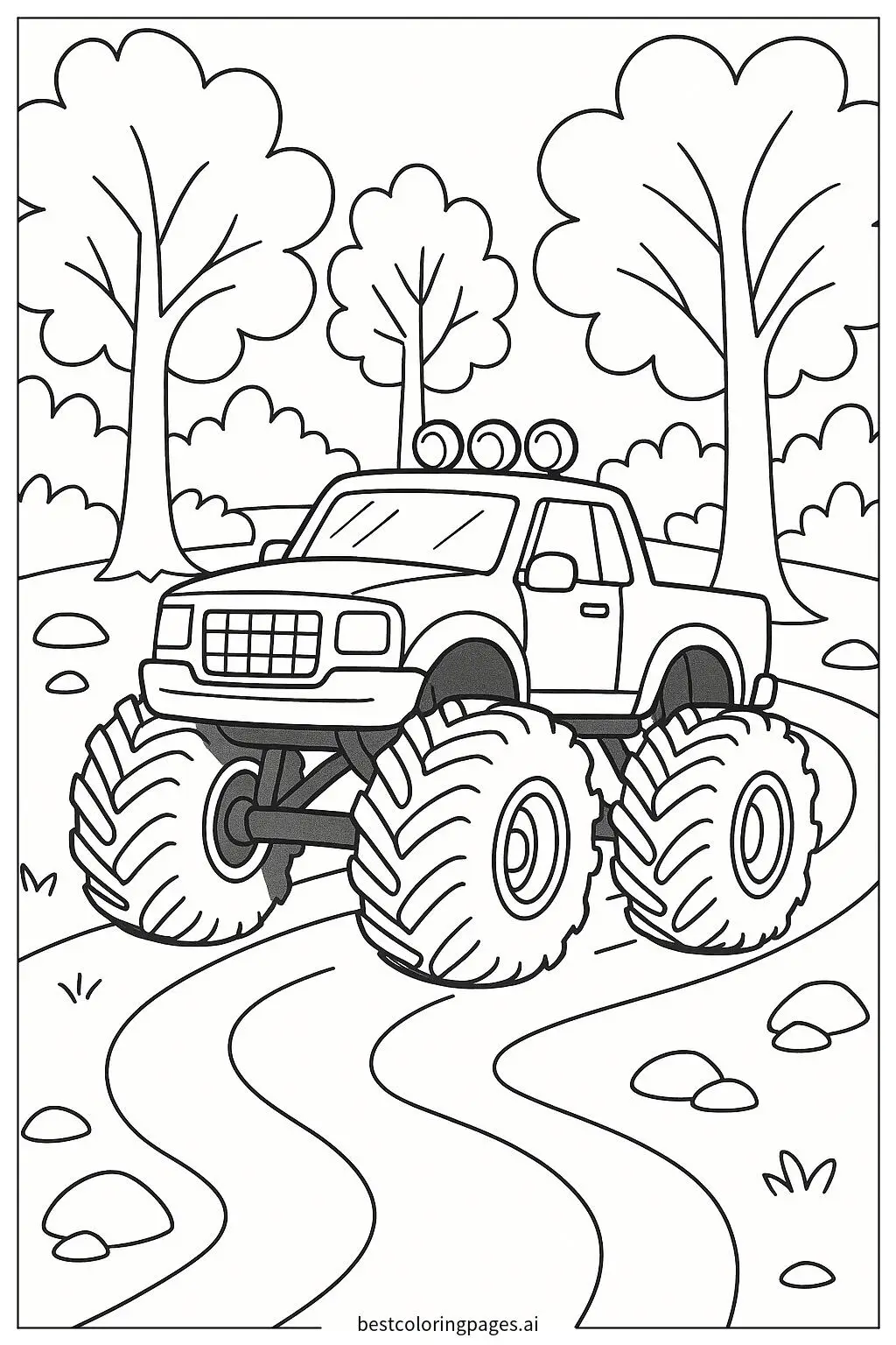 森の小道を走るモンスタートラック のぬりえ