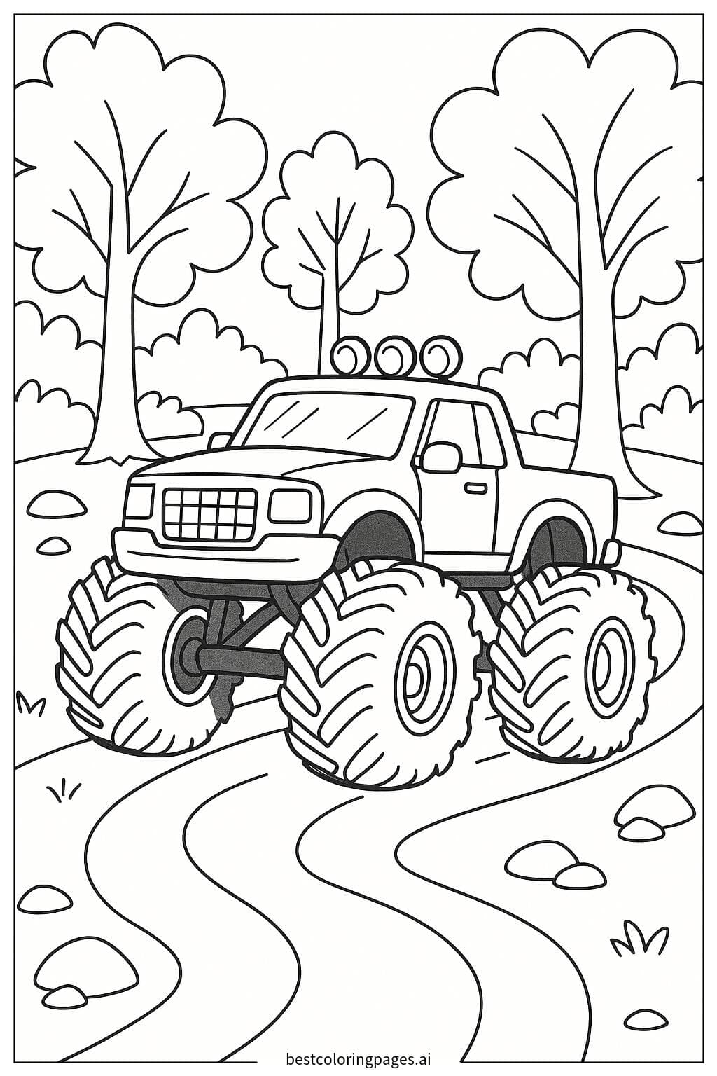 森の小道を走るモンスタートラック