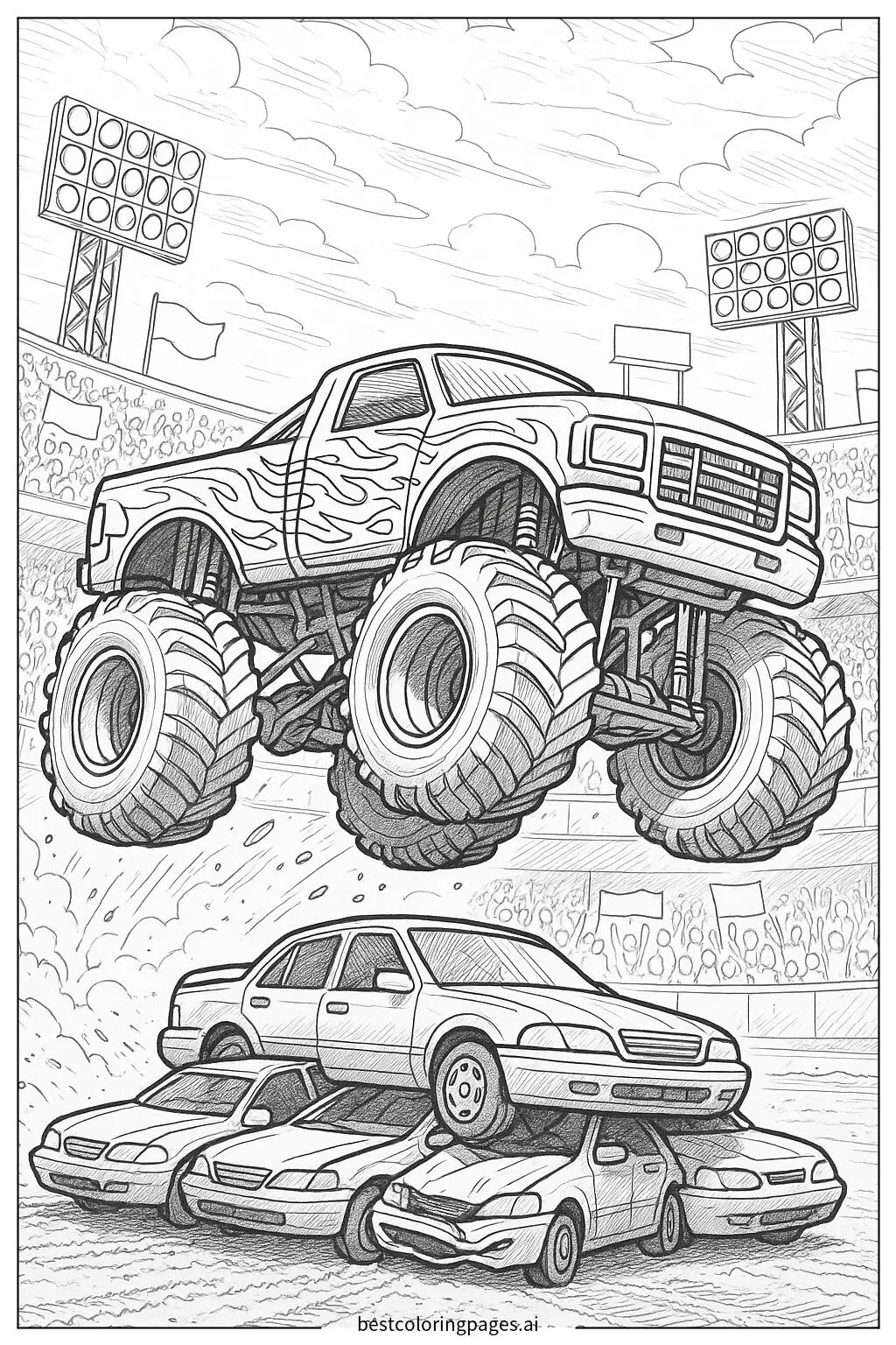 Monster Truck Thrills in a Packed Arena Coloring Page