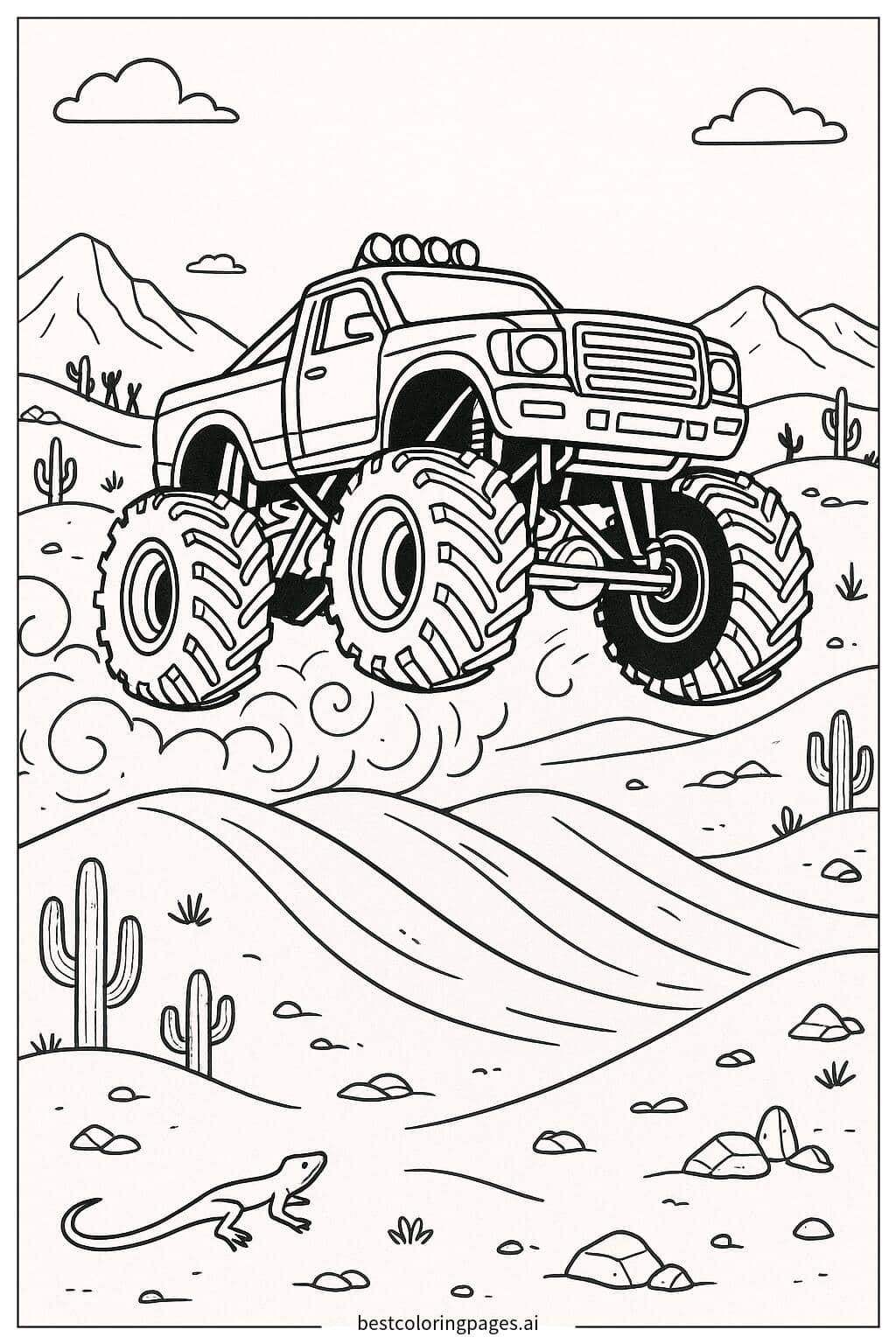 砂漠でスタントをするモンスタートラック のぬりえ