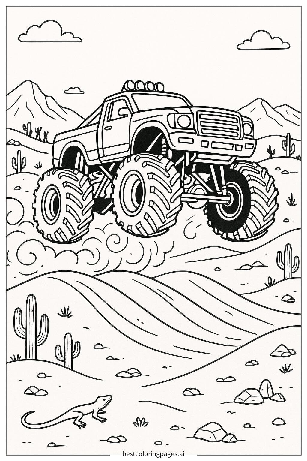 砂漠でスタントをするモンスタートラック のぬりえ
