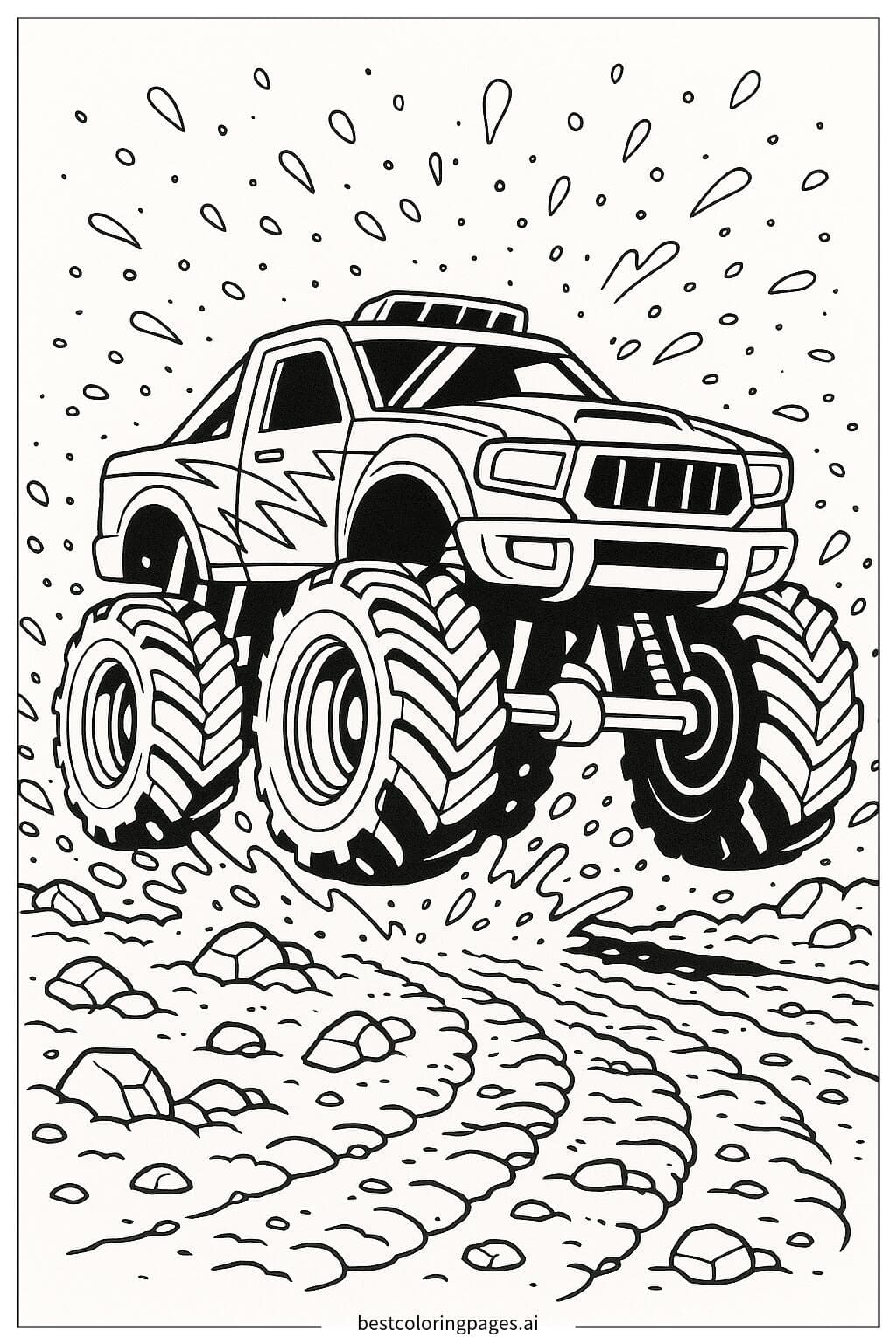 Monster Truck Racing Through Muddy Terrain Coloring Page