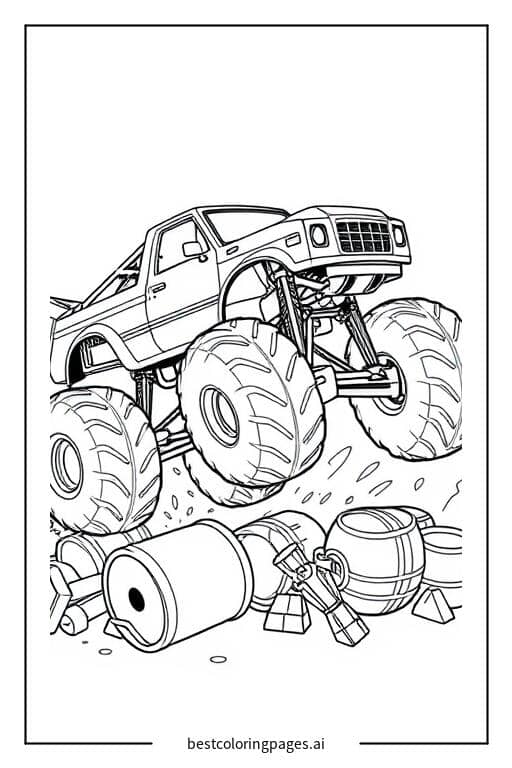 Monster Truck Smashing Through Obstacles Coloring Page
