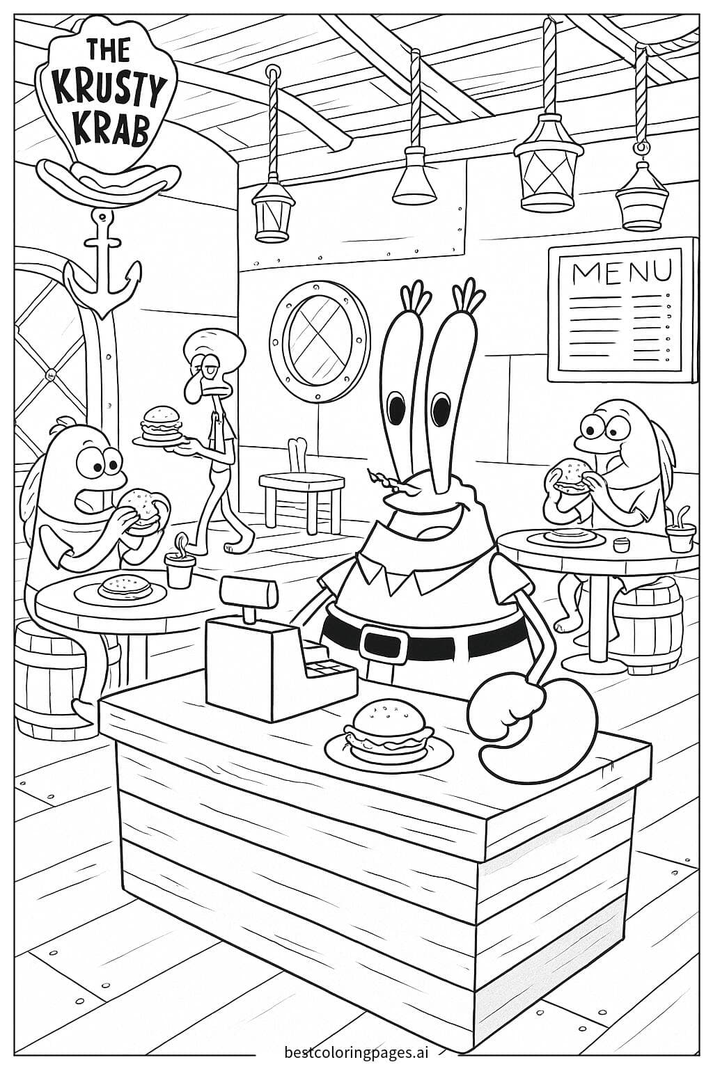 Mr. Krabs at the Krusty Krab Restaurant