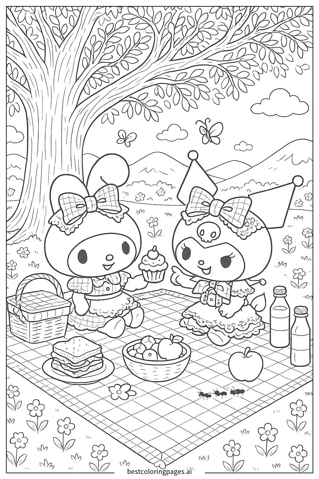 My Melody e Kuromi su una coperta da picnic