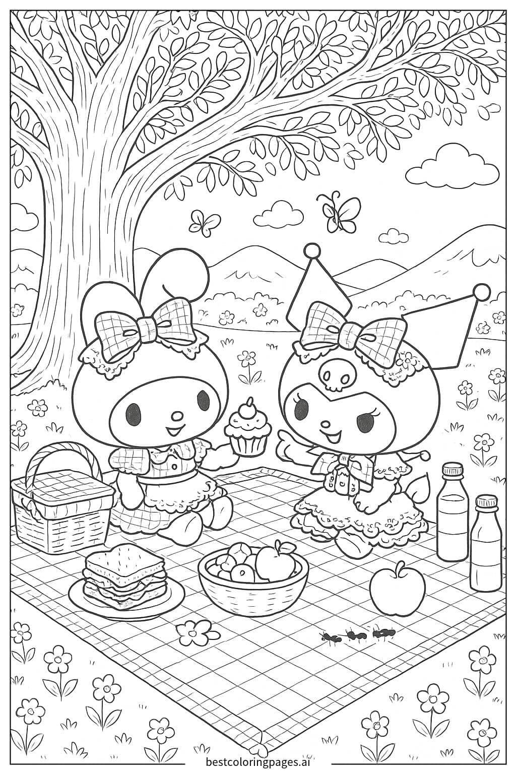 Disegni di My Melody e Kuromi su una coperta da picnic da Colorare