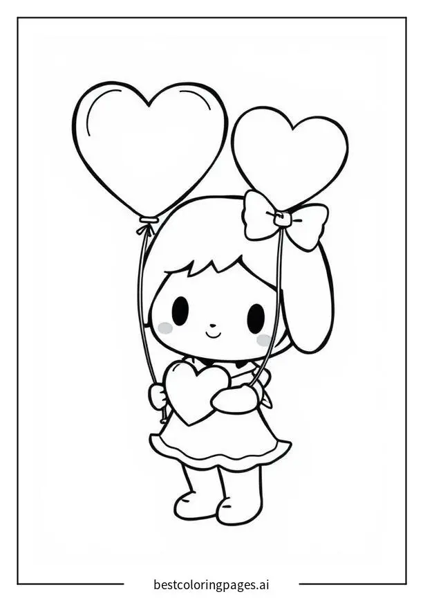 Dibujos de My Melody con globos en forma de corazón para Colorear