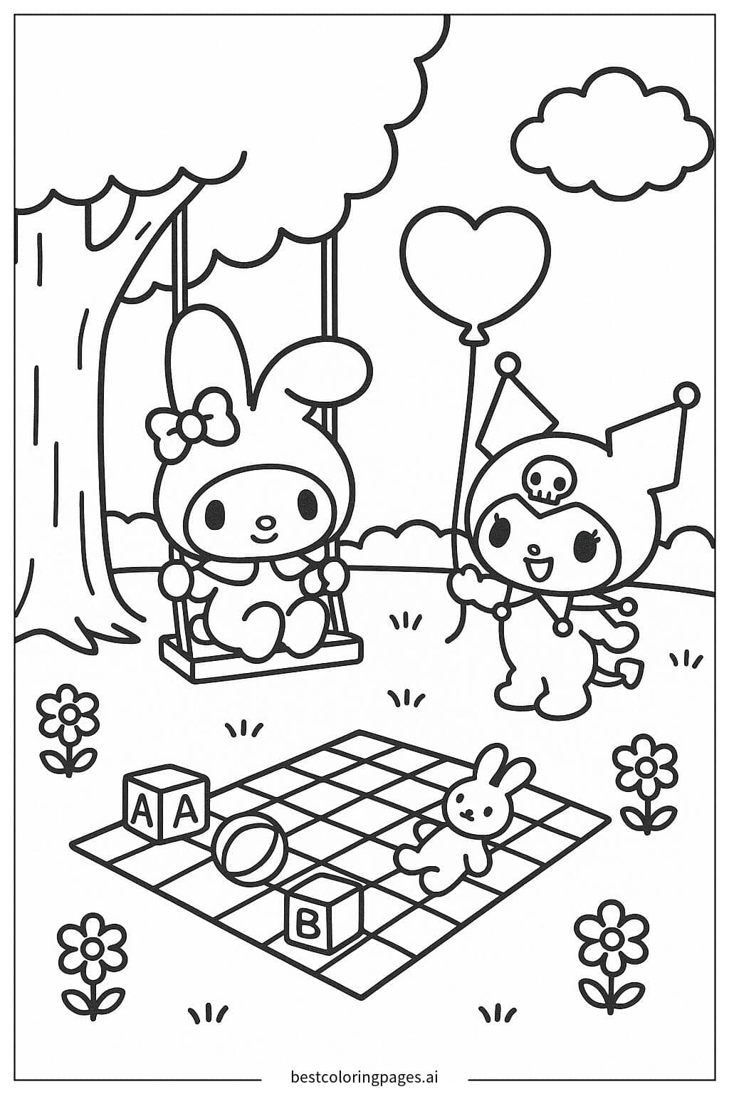 Disegni di My Melody che gioca con Kuromi da Colorare