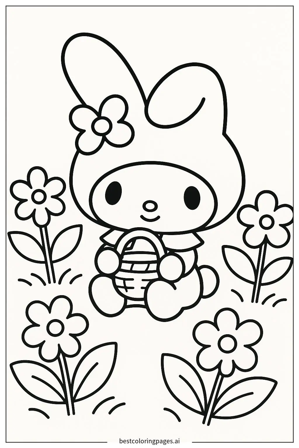Disegni di My Melody Seduta nel Giardino da Colorare