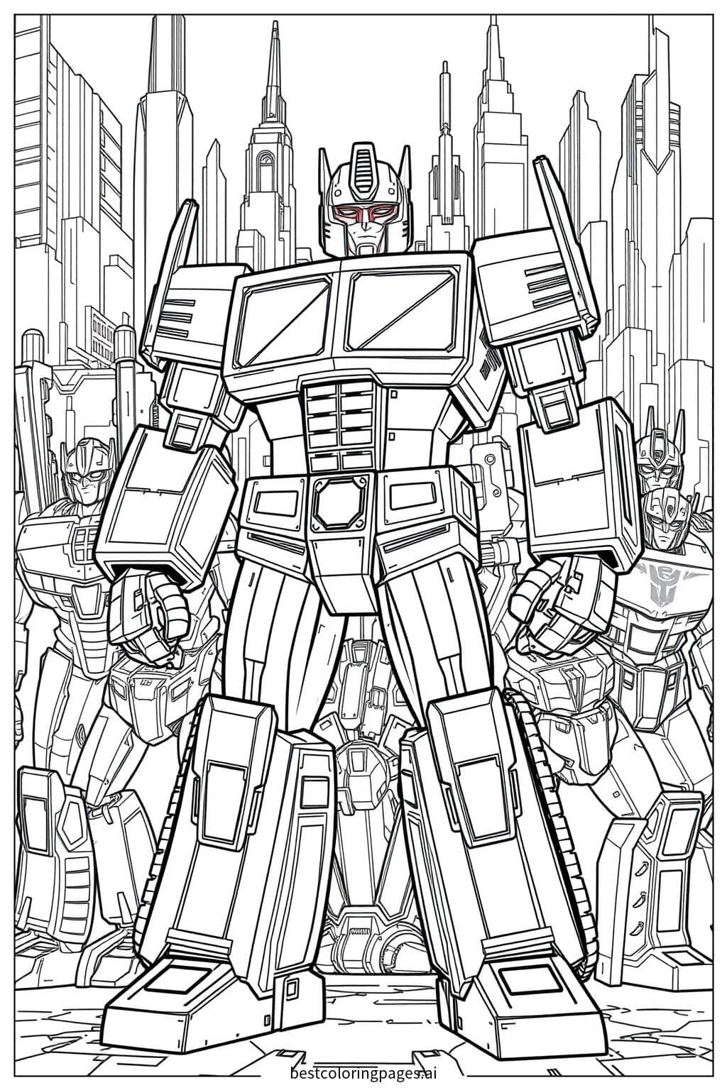 Optimus Prime and Autobots United in Action Coloring Page