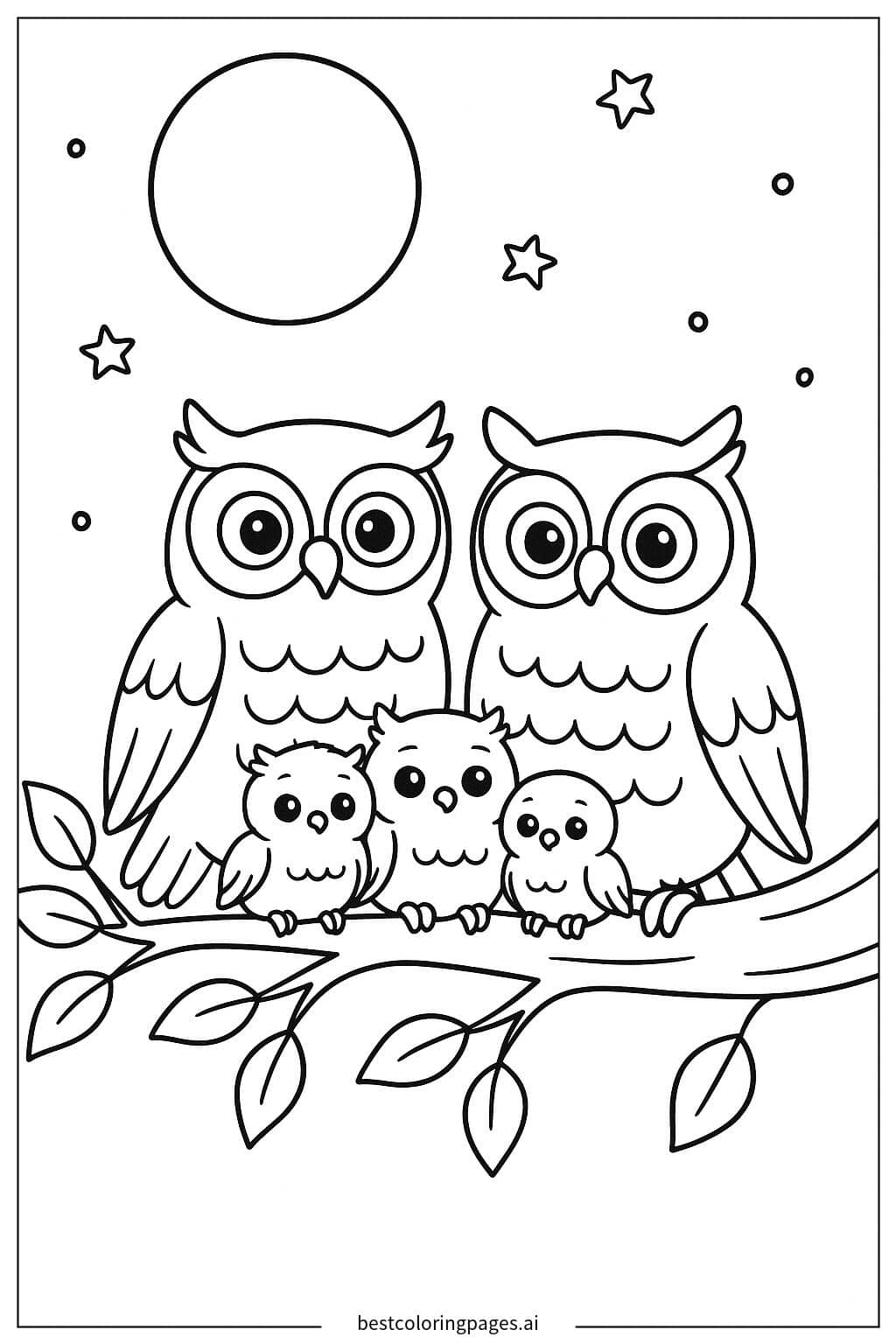 Owl Family Under the Moonlight Coloring Page