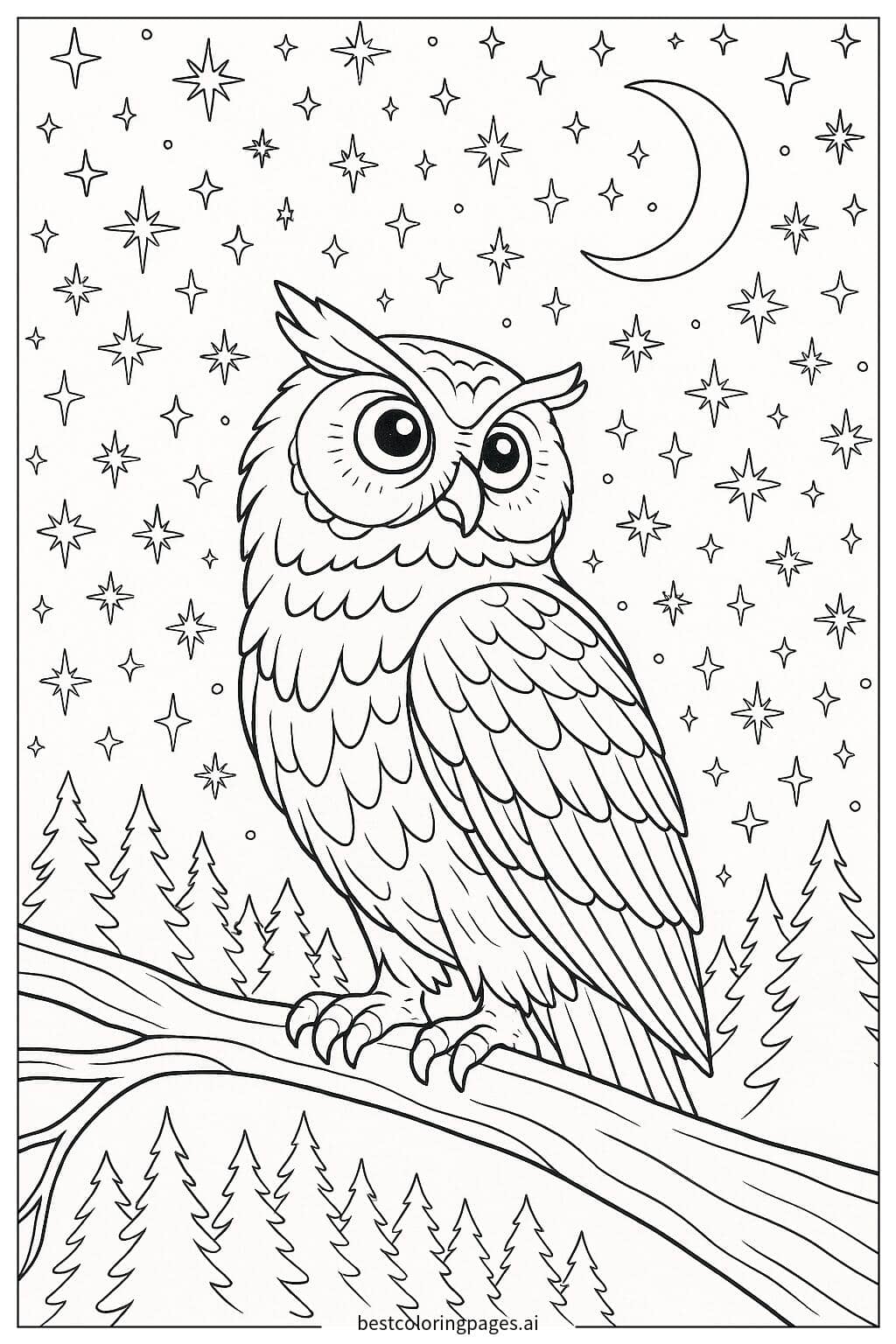 Owl Surrounded by Magical Glowing Stars Coloring Page