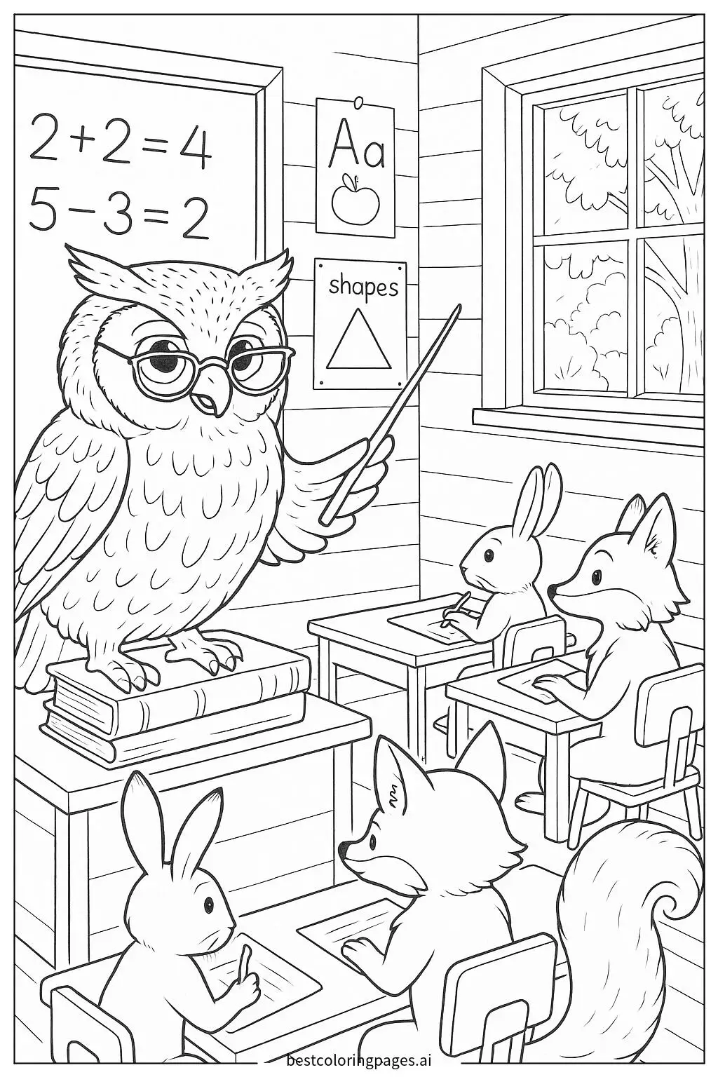 Owl Teaching Animal Students in a Classroom Coloring Page