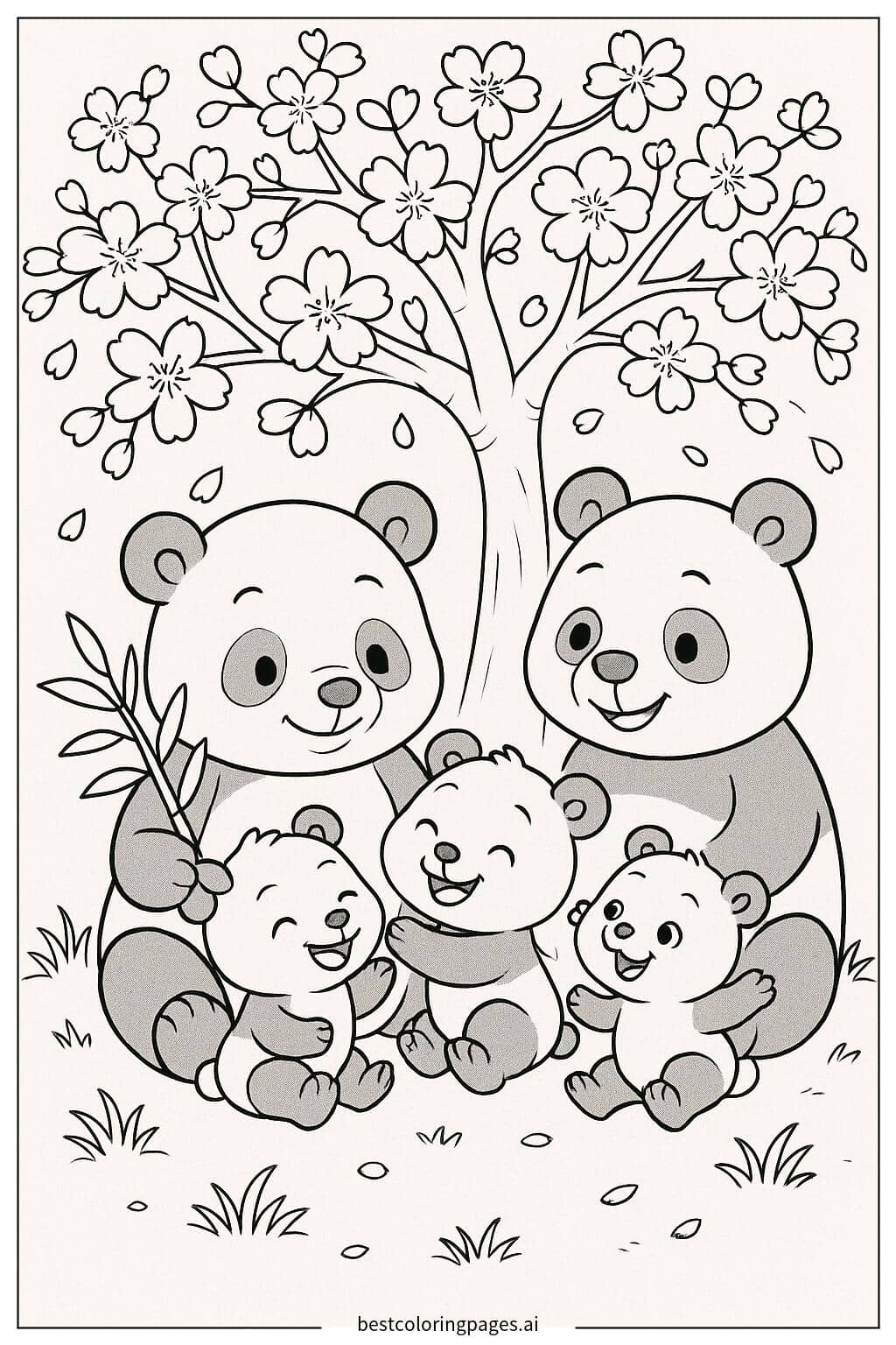 Panda Family Under a Cherry Blossom Tree Coloring Page
