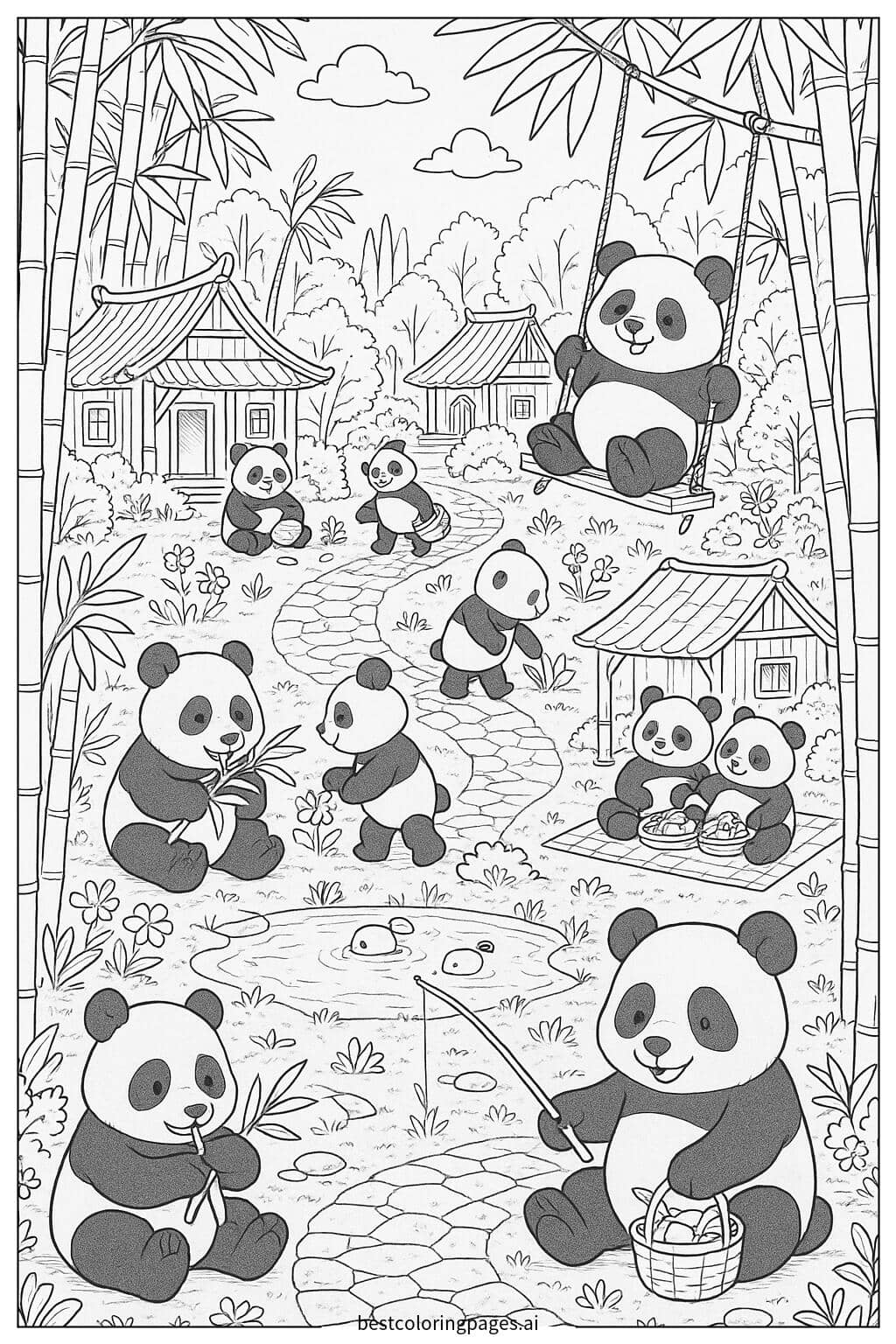 Panda Village: Fun Activities with Adorable Pandas Coloring Page