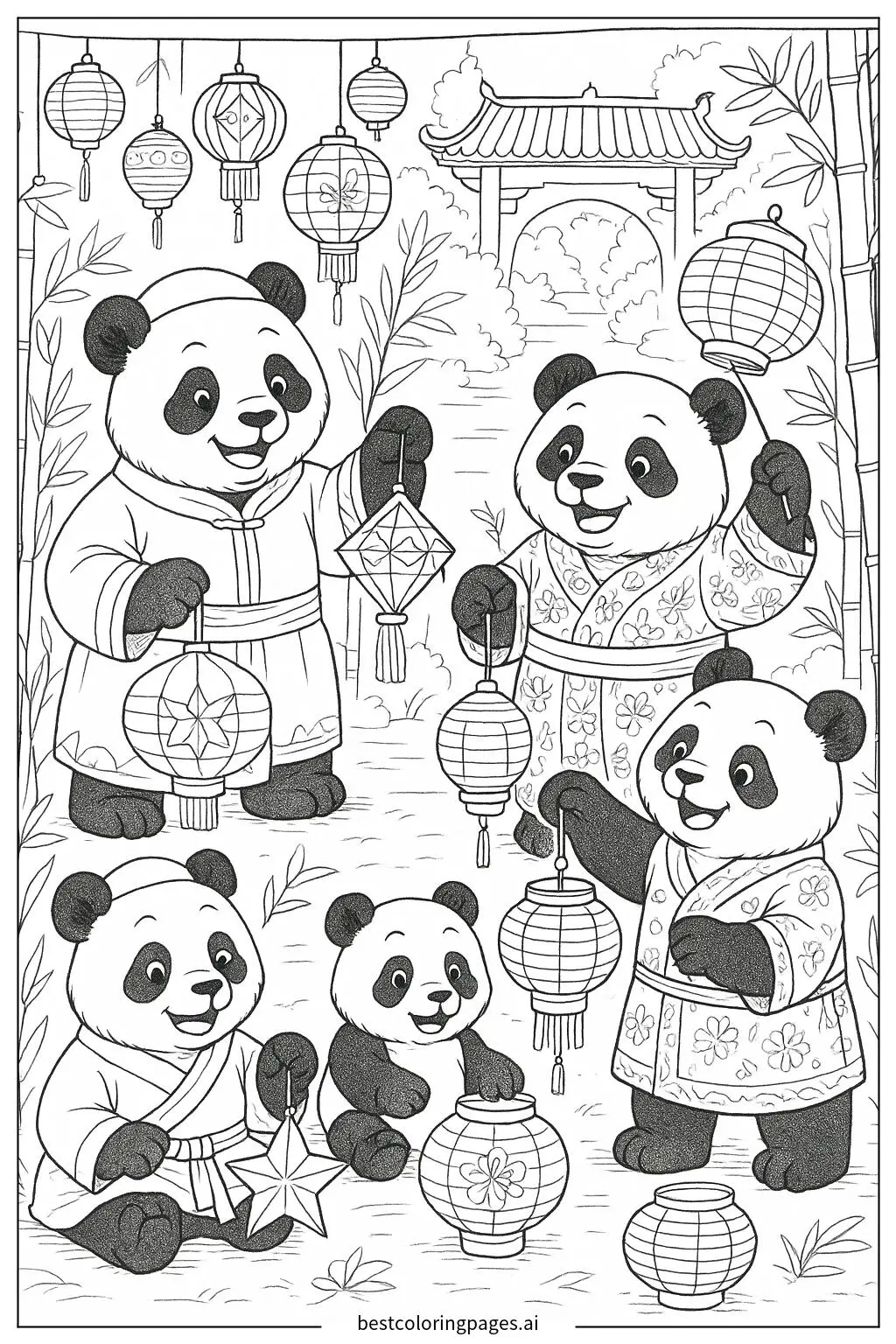 Pandas Enjoying a Lantern Festival Coloring Page
