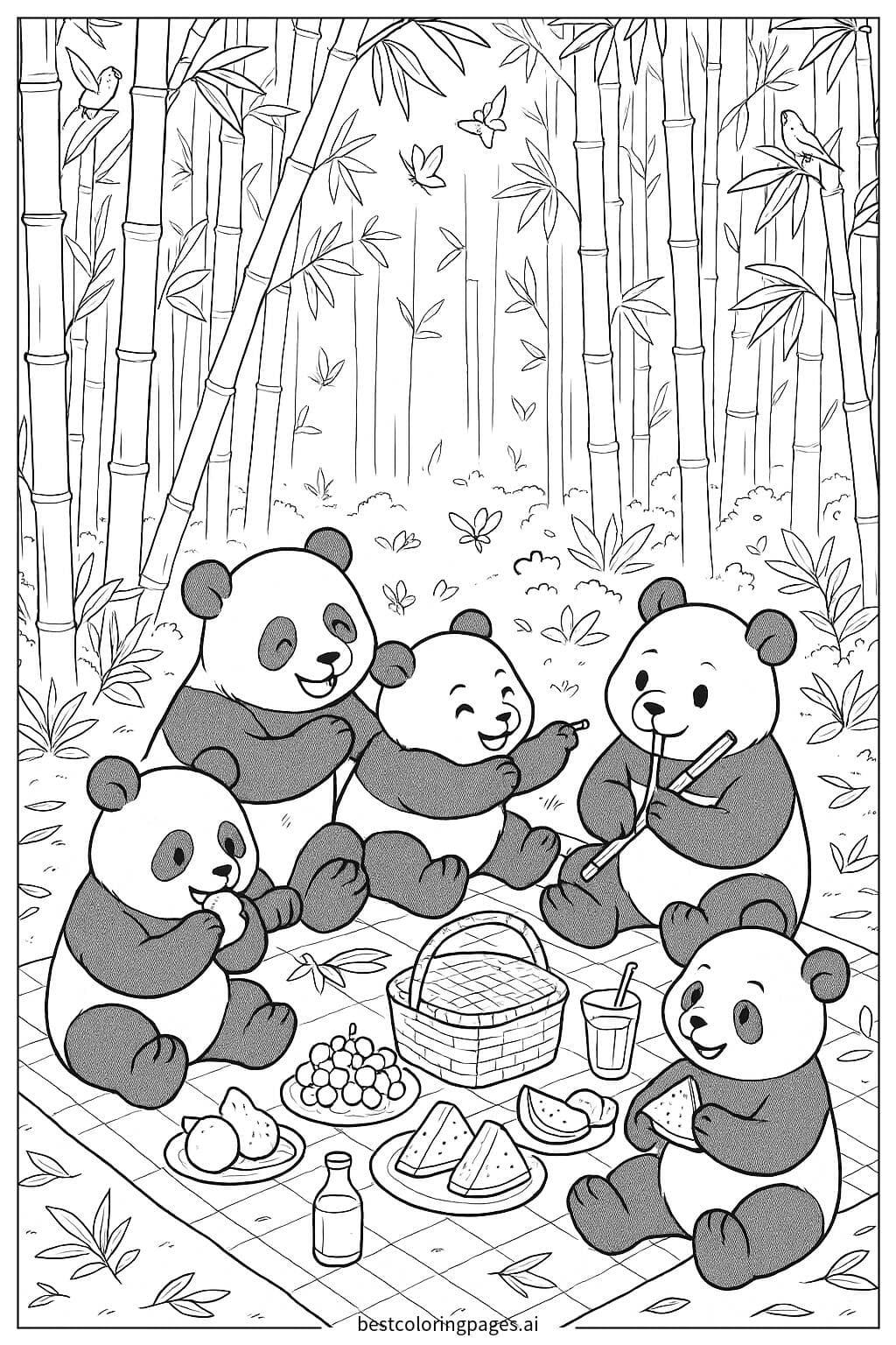 Pandas Enjoying a Picnic in a Bamboo Forest Coloring Page