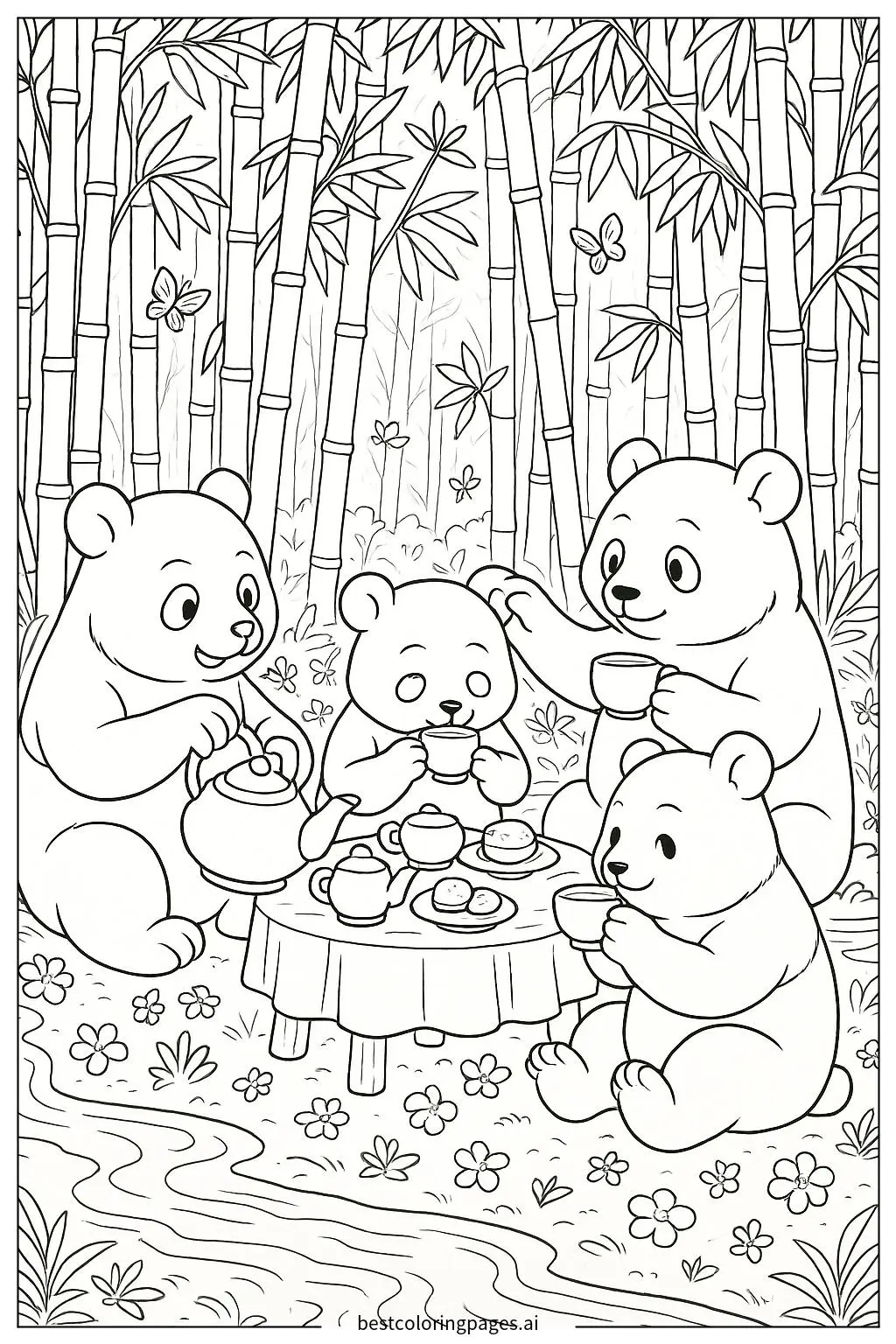 Pandas Enjoying a Tea Party in a Bamboo Forest Coloring Page