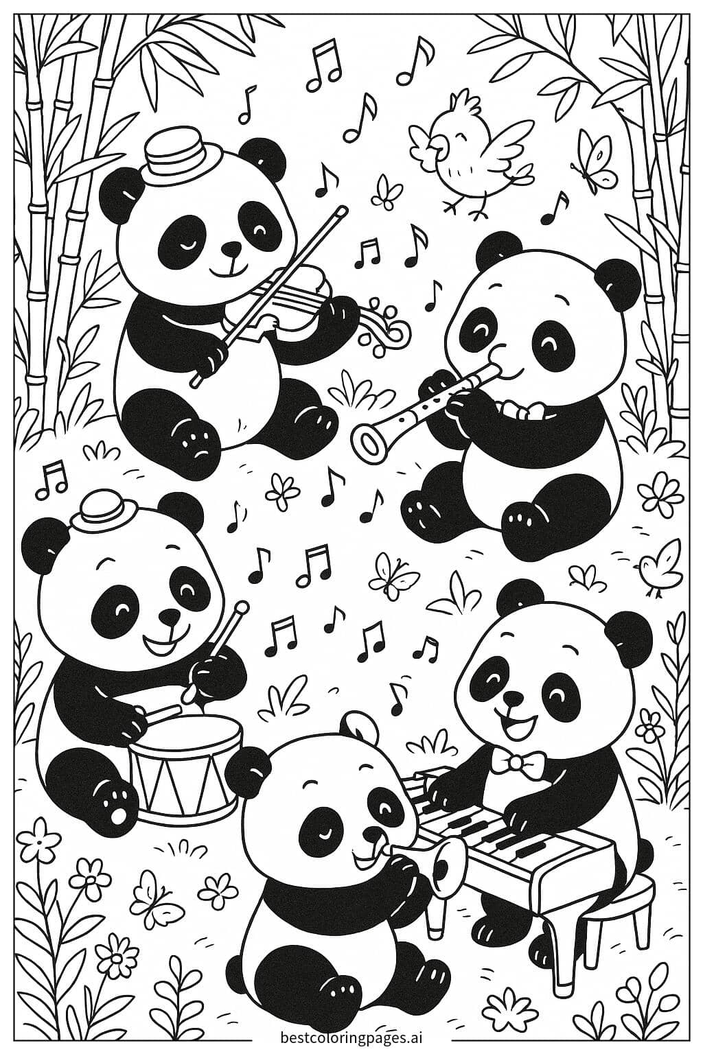Pandas Playing Musical Instruments Coloring Page