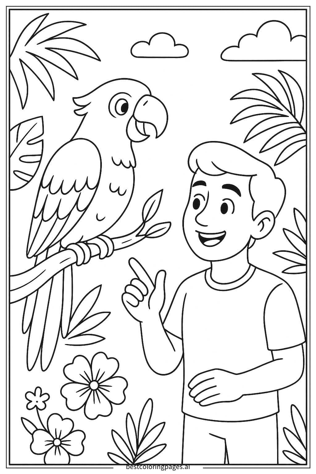 사람과 대화하는 앵무새 색칠공부