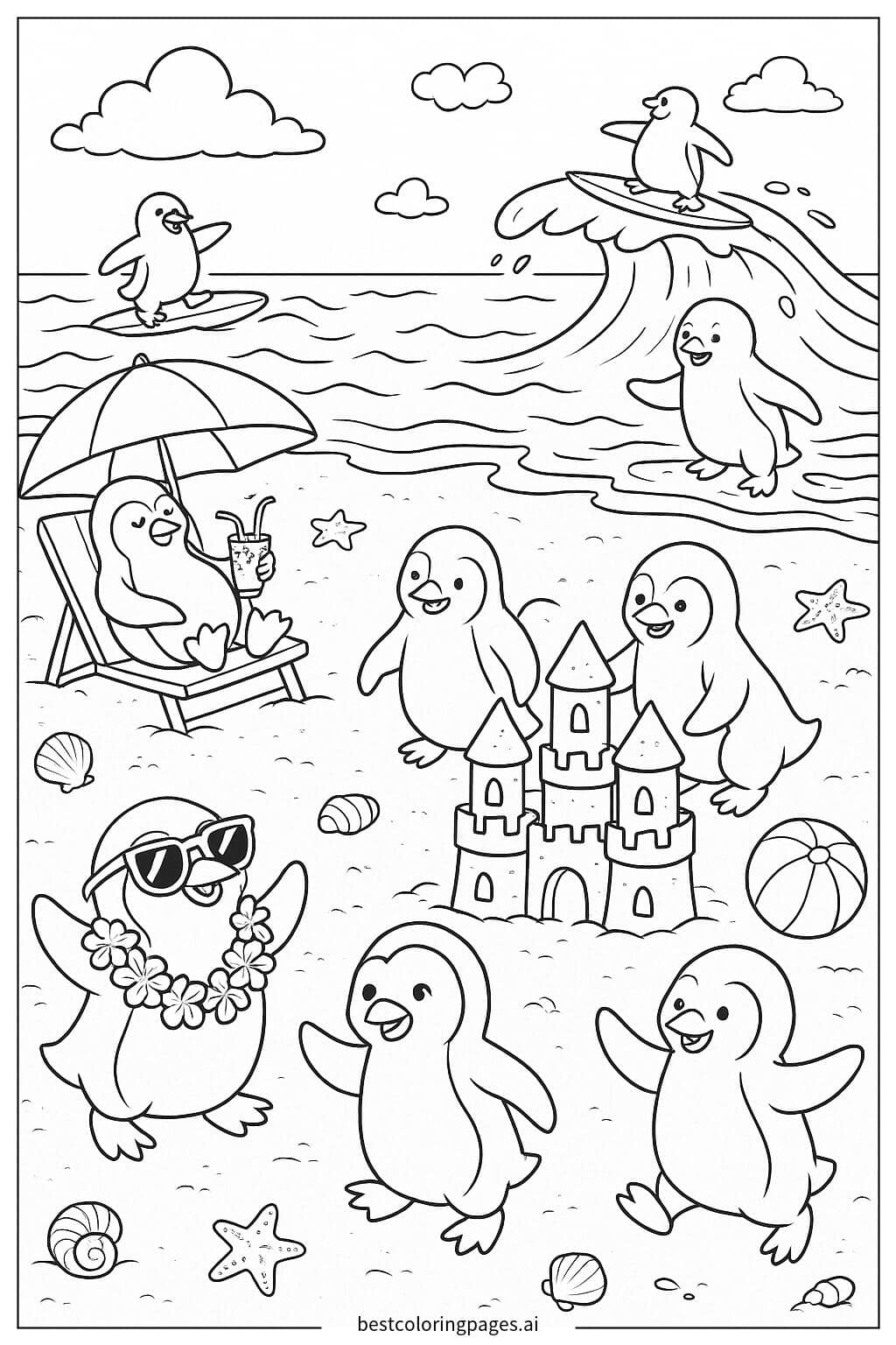 Desenhos de Pinguins Fazendo Festa na Praia para Colorir