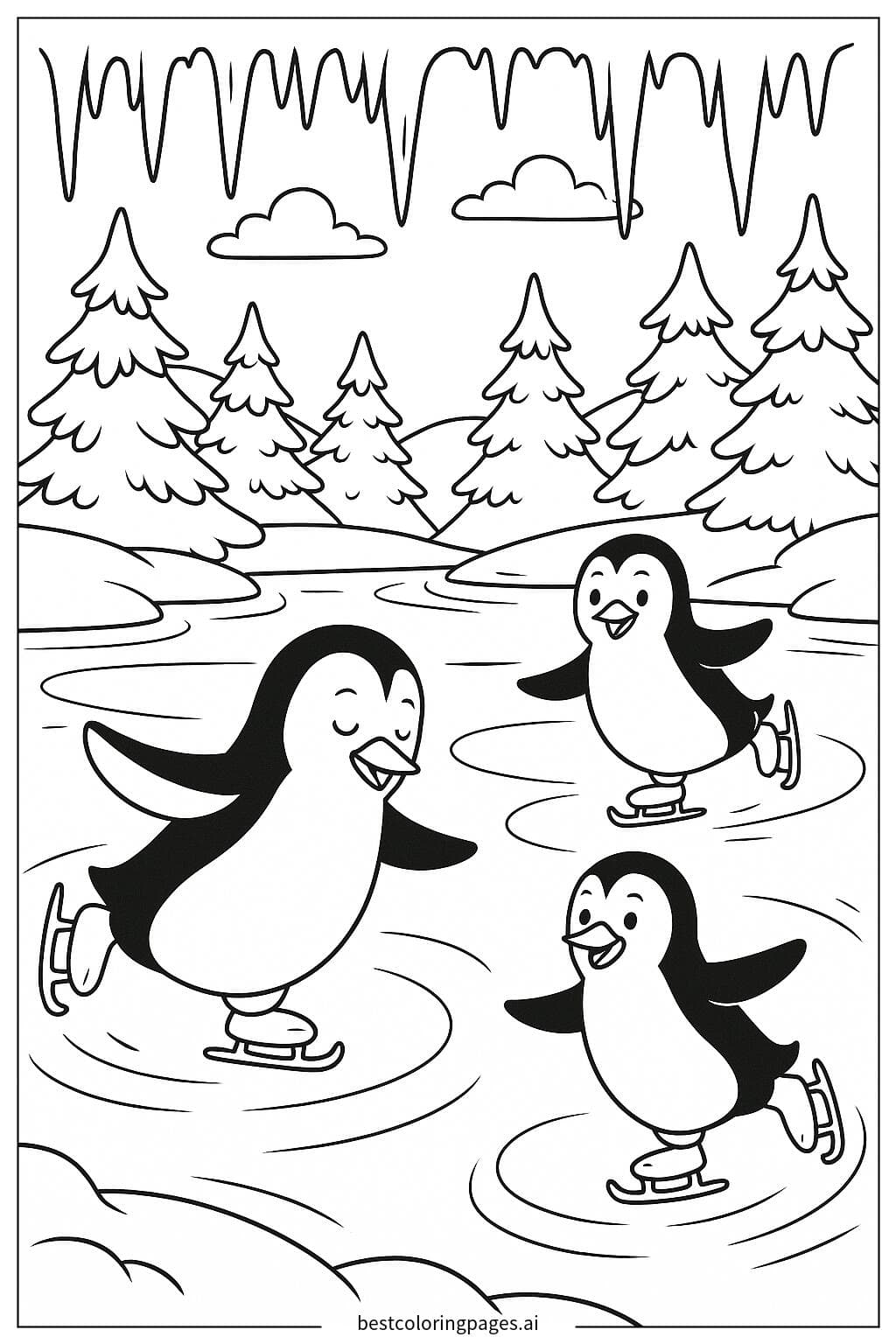 Penguins Ice Skating on a Frozen Lake