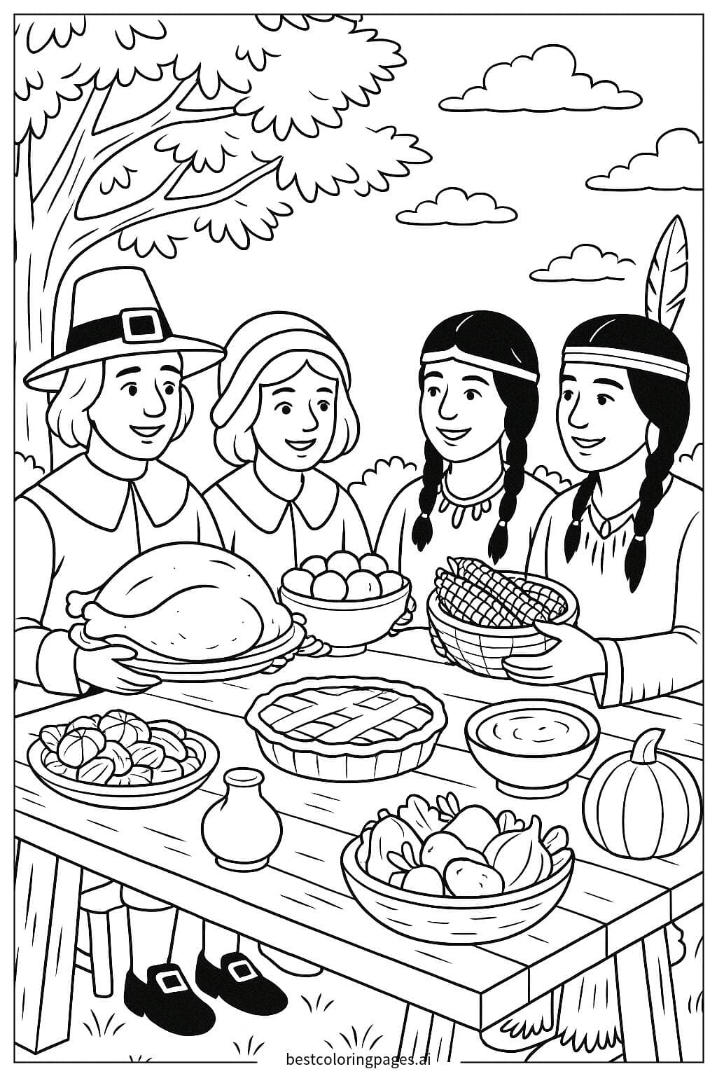 Pilgrims and Native Americans Celebrating Thanksgiving