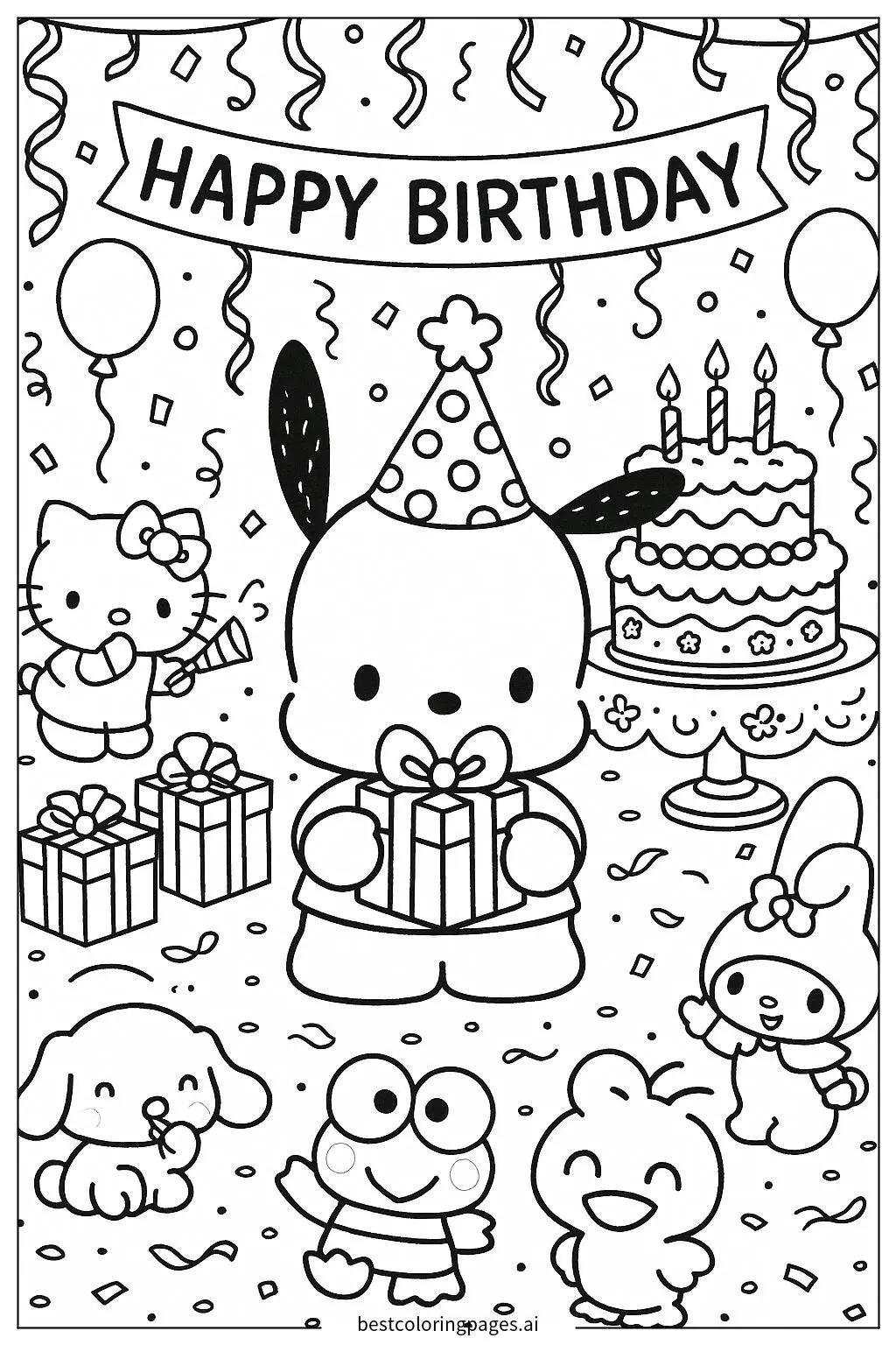 Pochacco en una fiesta de cumpleaños con amigos