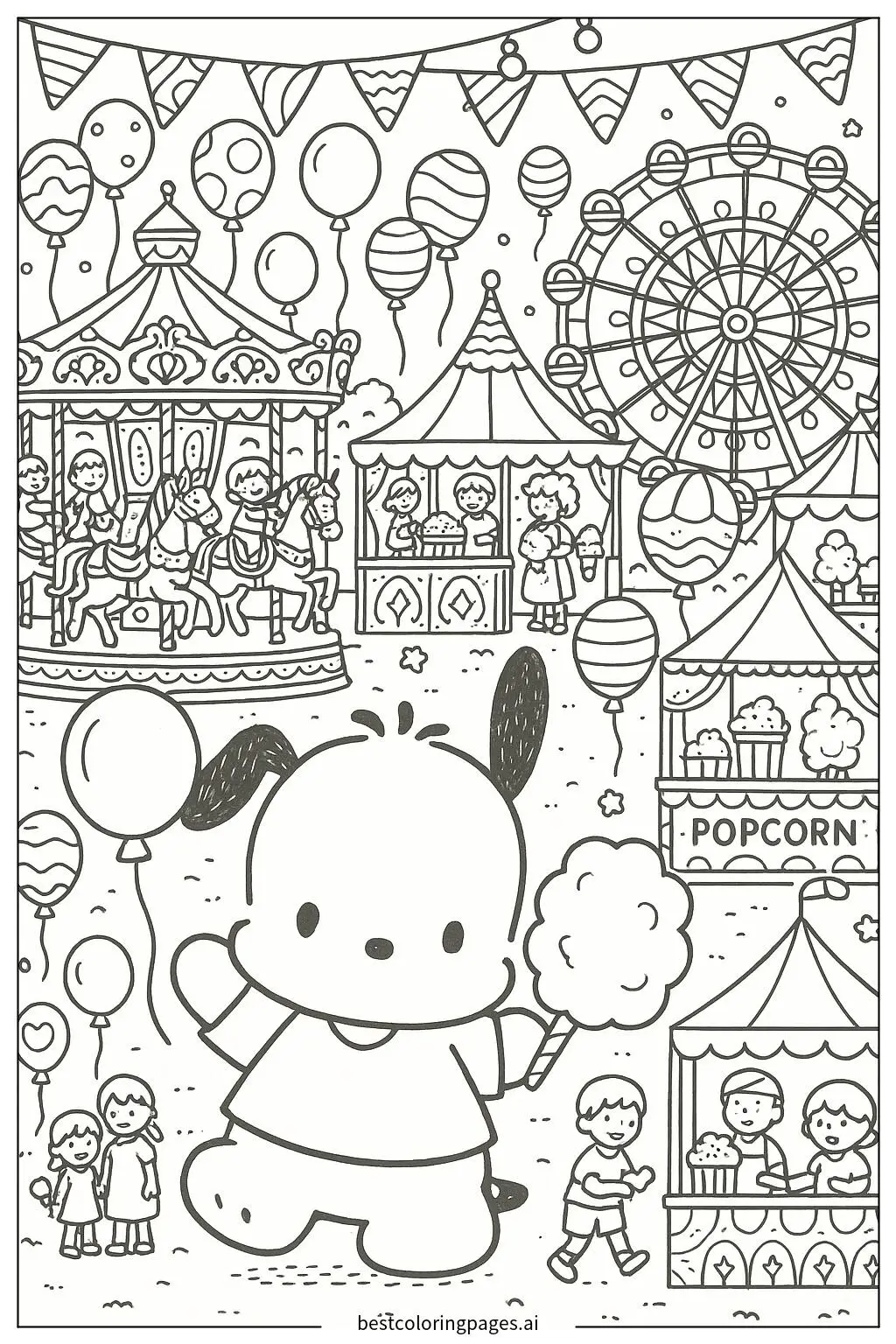 Pochacco at a Colorful Carnival Coloring Page