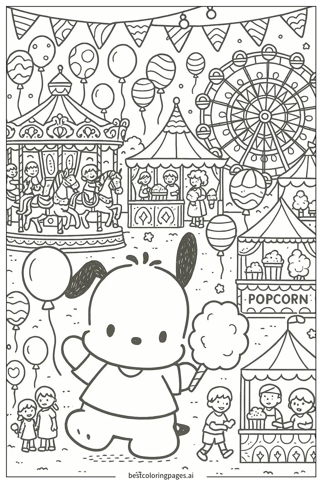 Pochacco at a Colorful Carnival Coloring Page