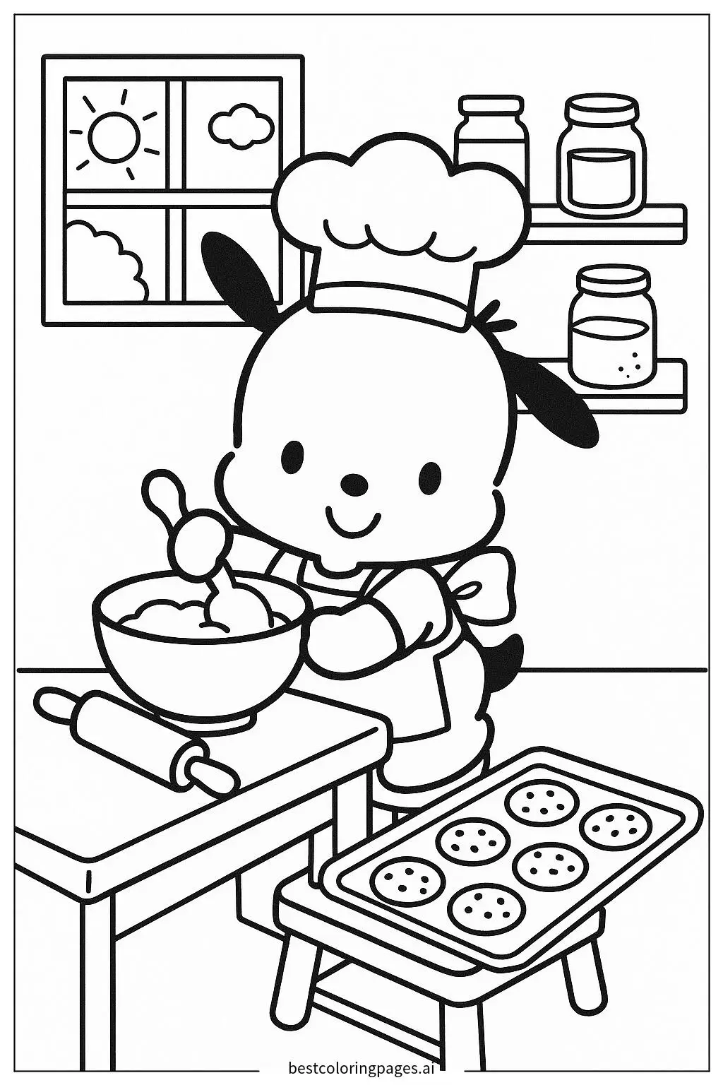 Pochacco Baking Cookies in the Kitchen Coloring Page