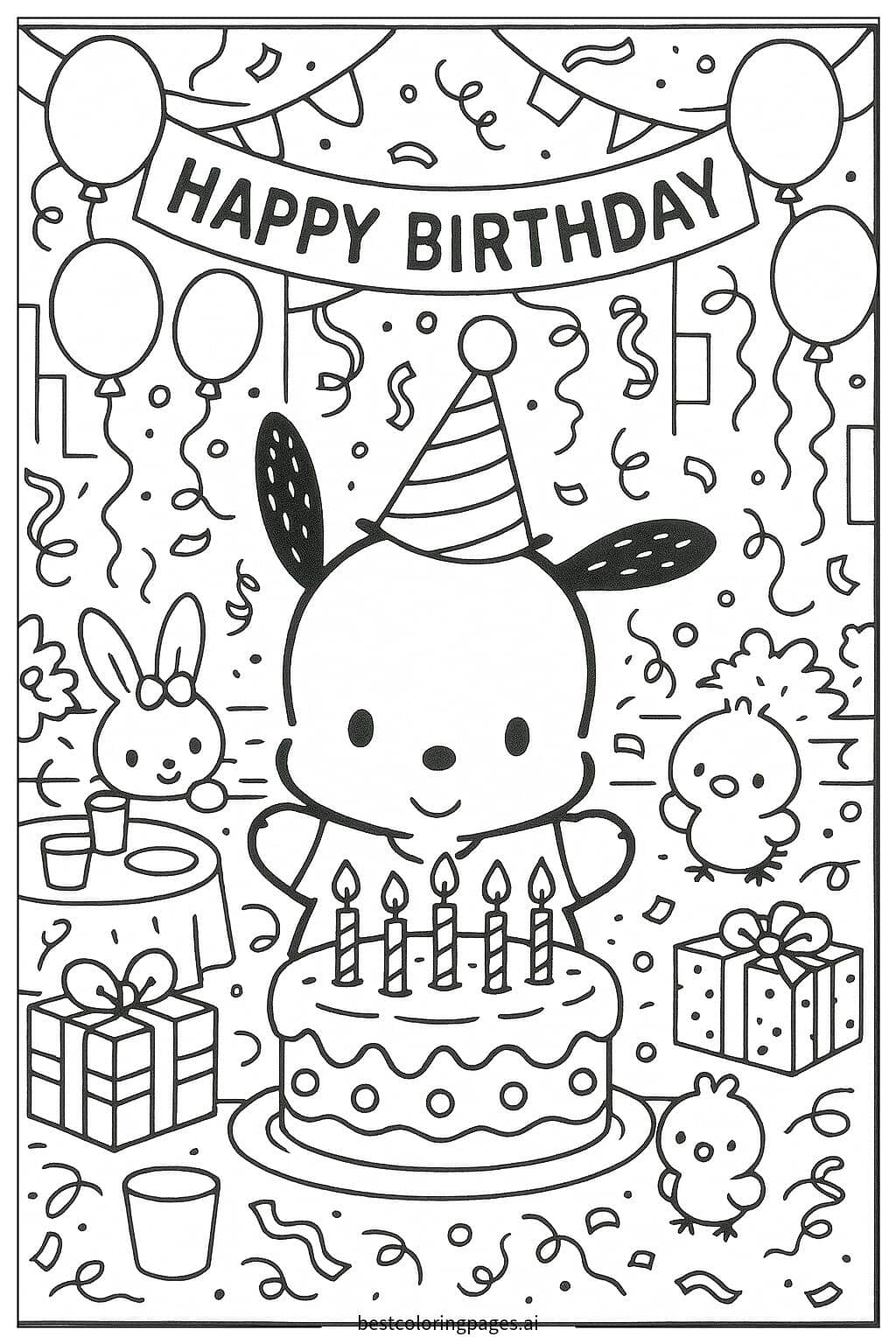 Pochacco's Birthday Party Celebration Coloring Page