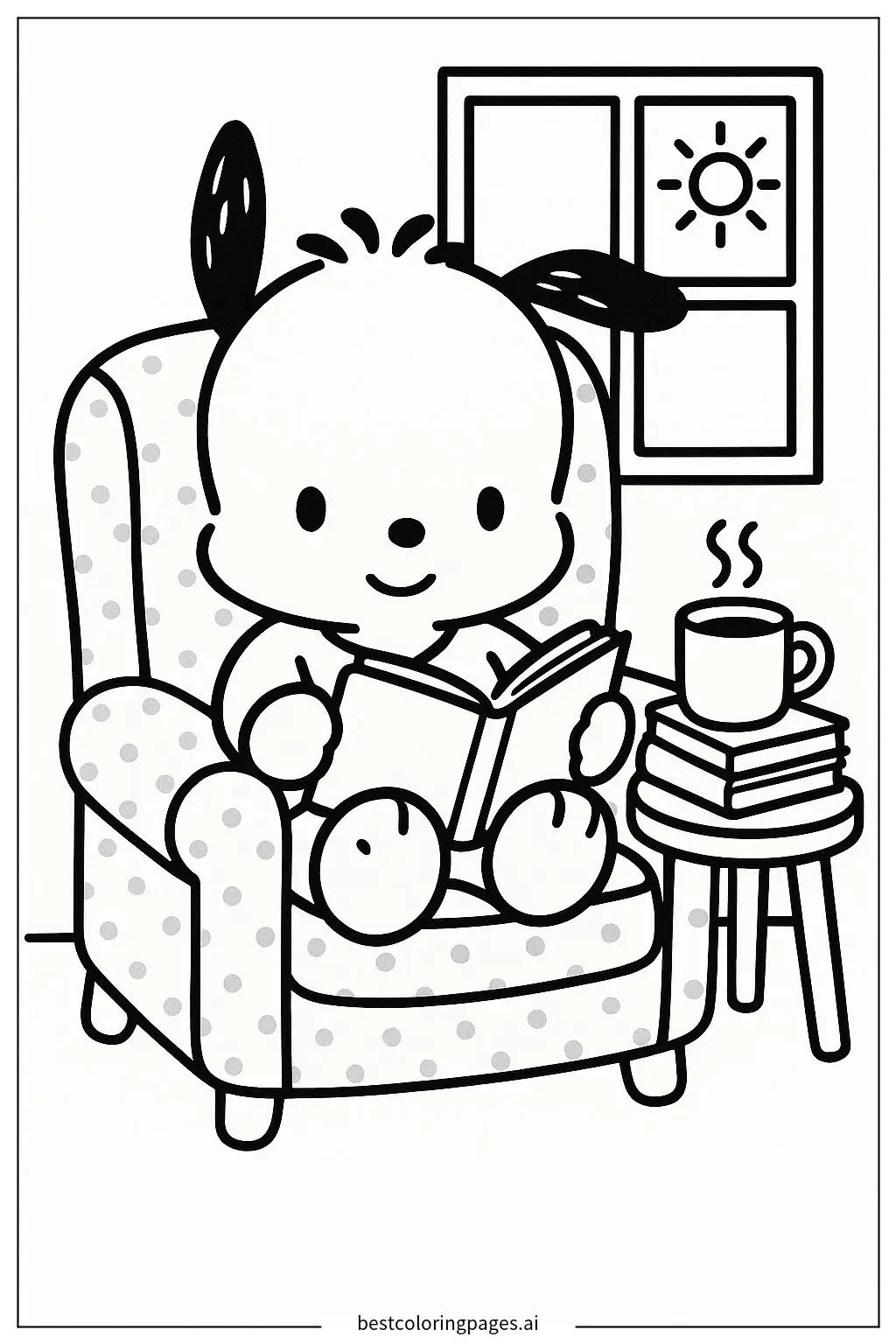 Pochacco Enjoying a Book in a Cozy Chair Coloring Page