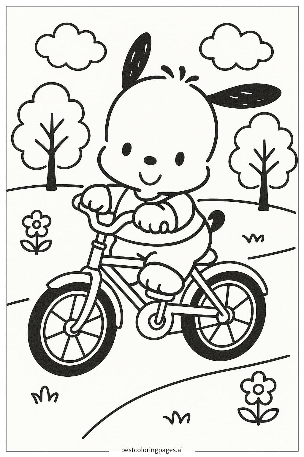 Pochacco Enjoying a Bicycle Ride in the Park Coloring Page