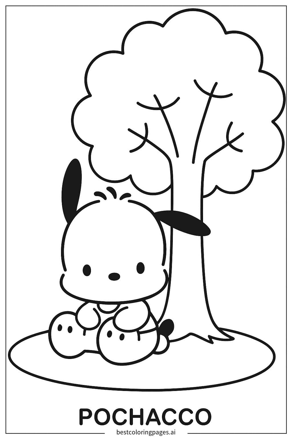 Pochacco Relaxing Under a Tree Coloring Page
